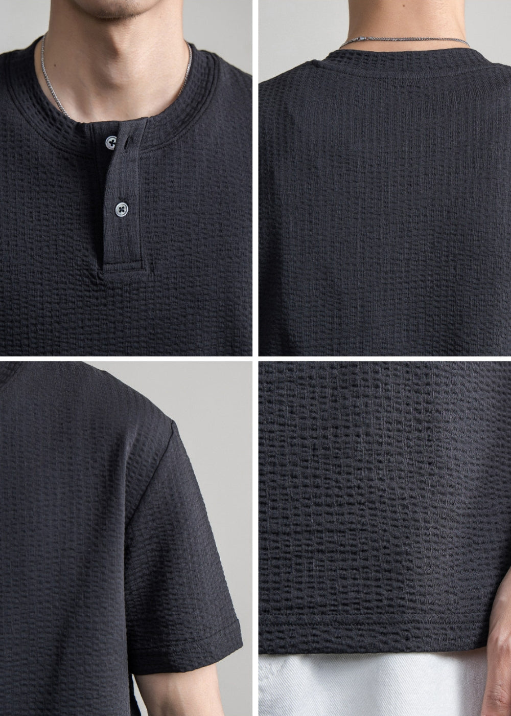Waffle Cotton Henley Neck T-shirt #FS096
