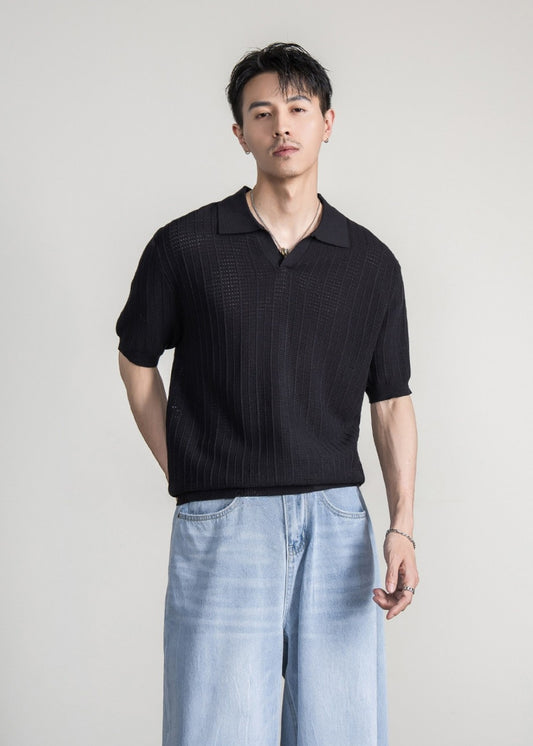 Linen Blend Seagull Neck Polo #FS088