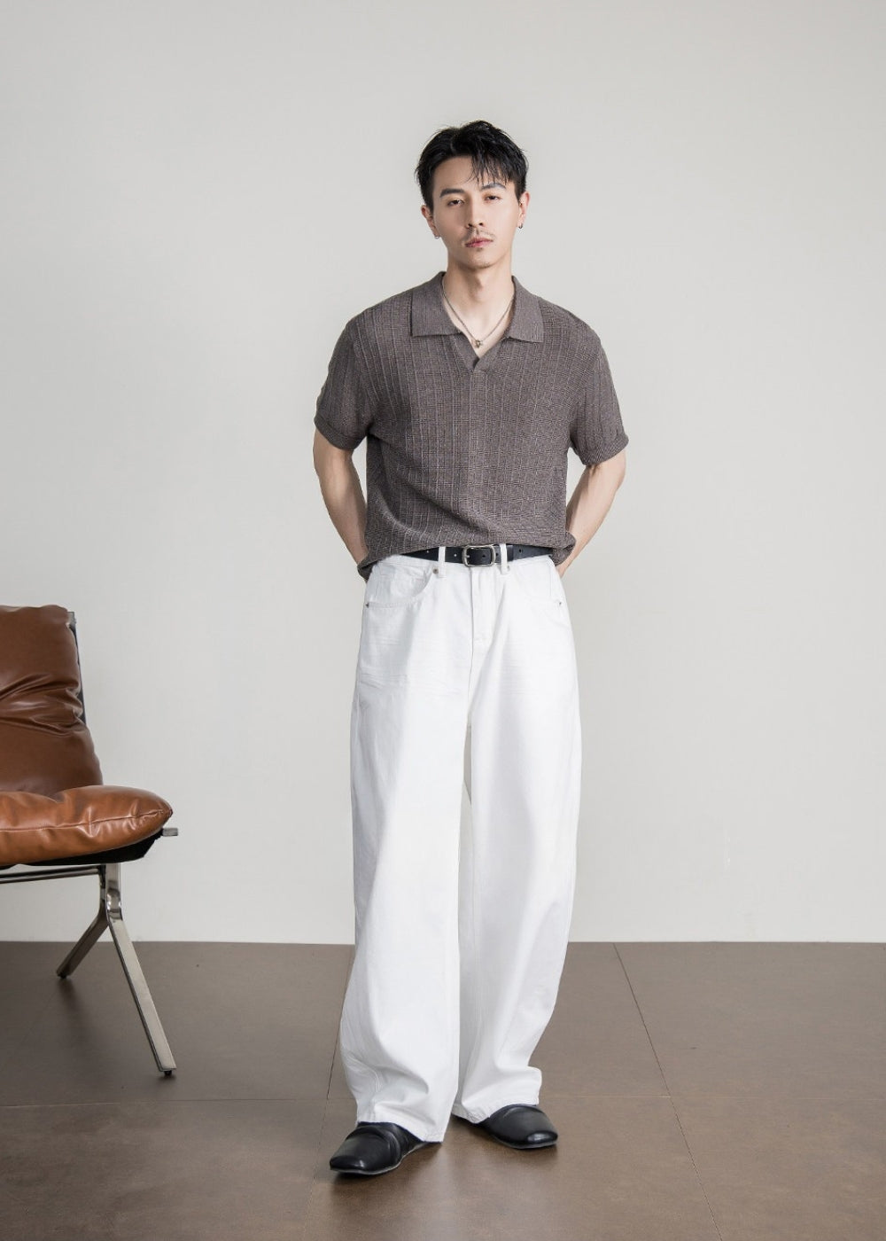 Linen Blend Seagull Neck Polo  #FS088