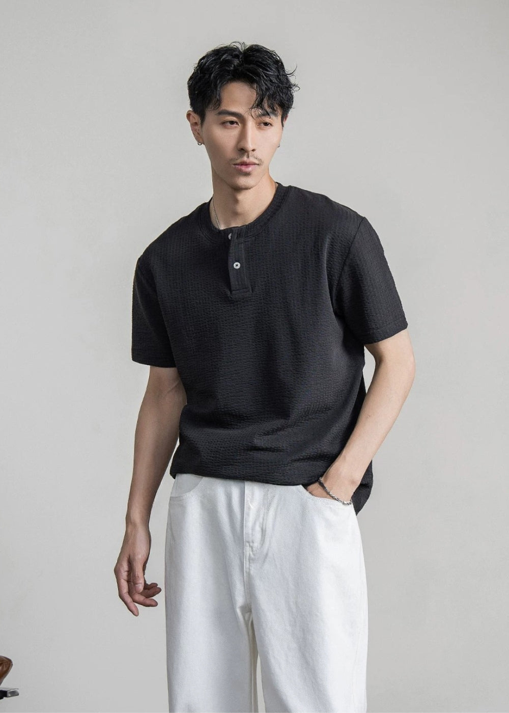Waffle Cotton Henley Neck T-shirt  #FS096