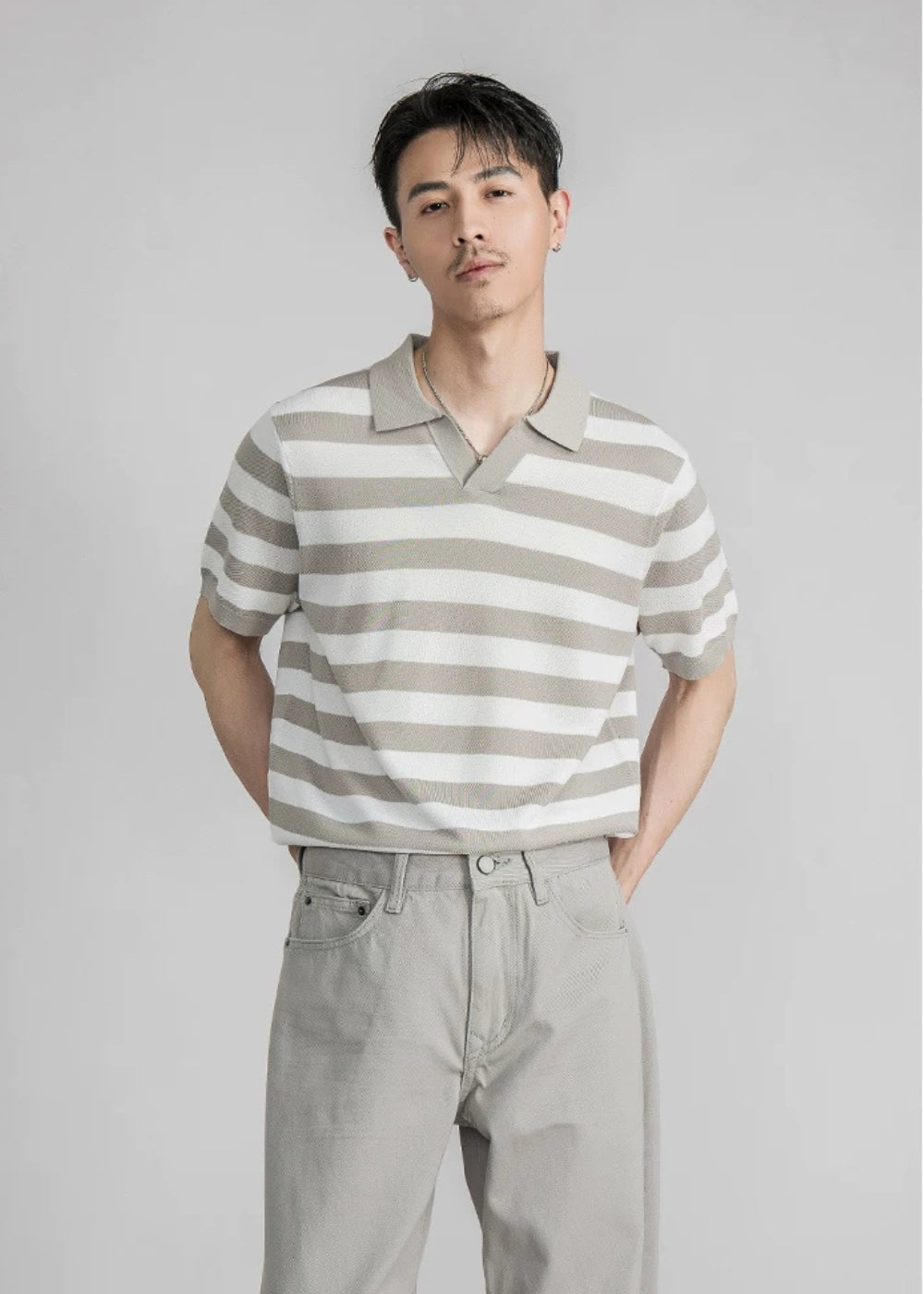 Fine Knit Silk Blend Stripe Polo  #SF002