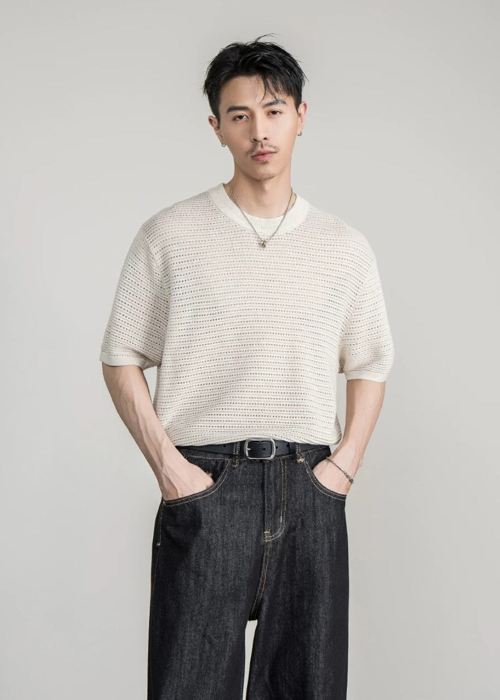 Open Knit Crew T-Shirt  #FS086