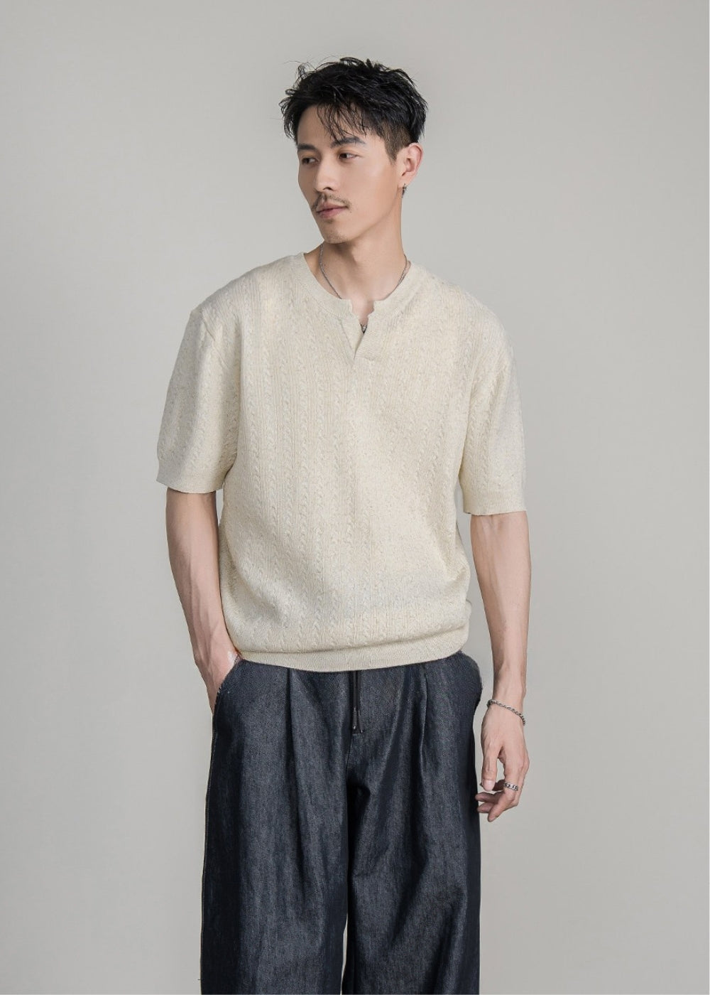 Cable Henley Knit T-shirt  #FS070