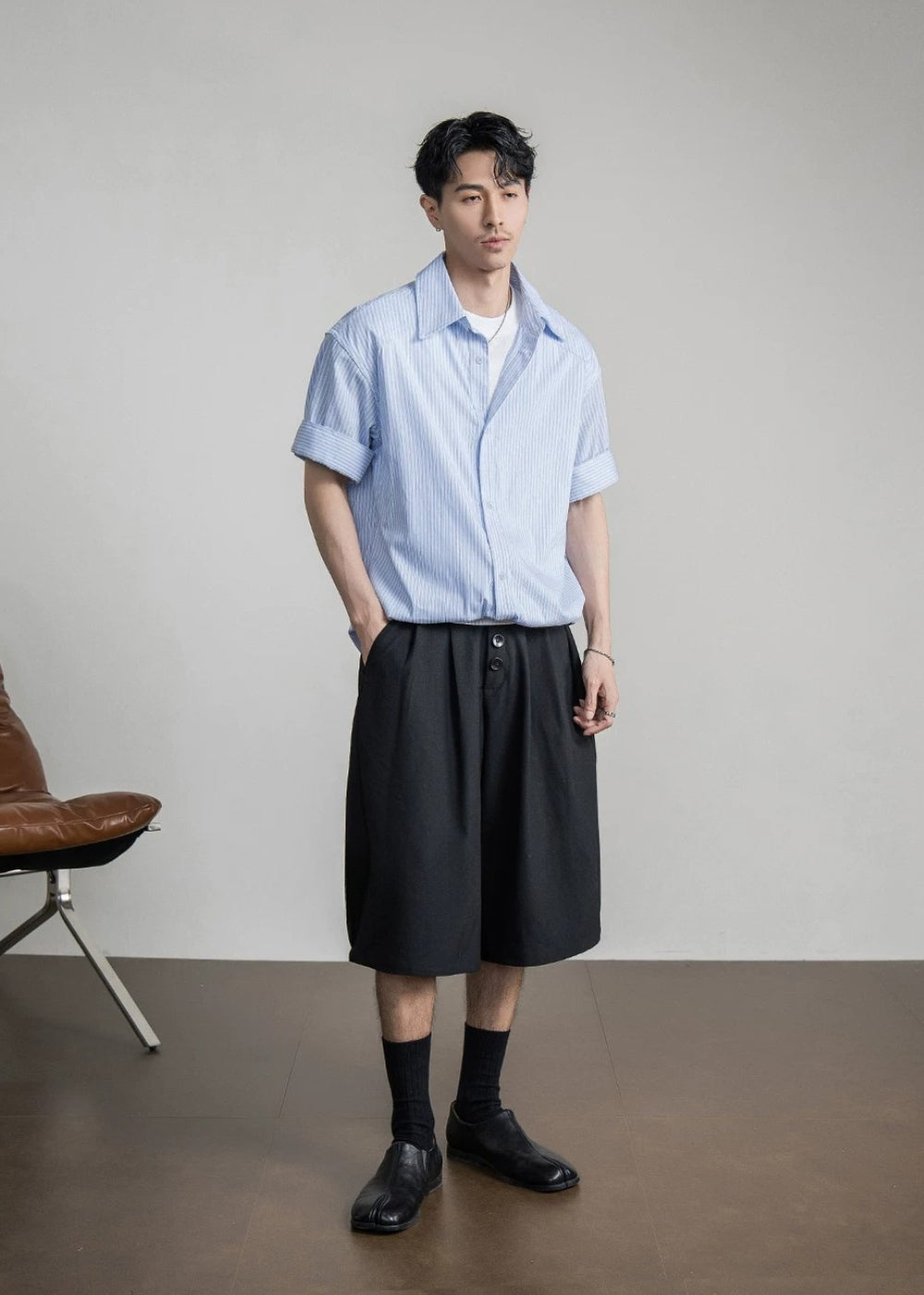 Chalk Stripe Linen Relaxed Shirt  #FS085