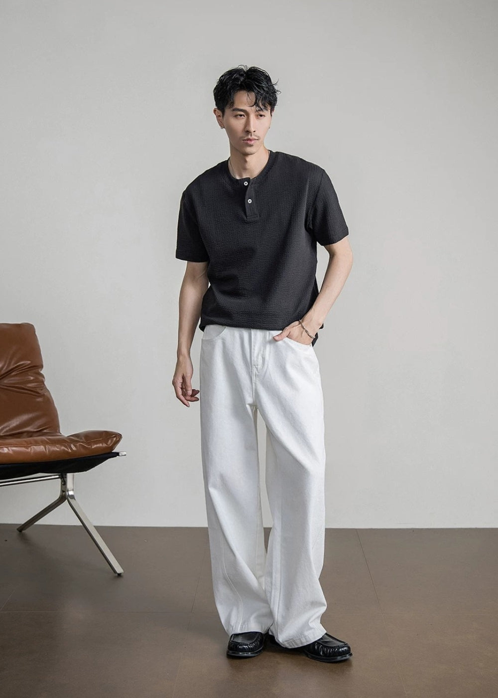 Waffle Cotton Henley Neck T-shirt  #FS096