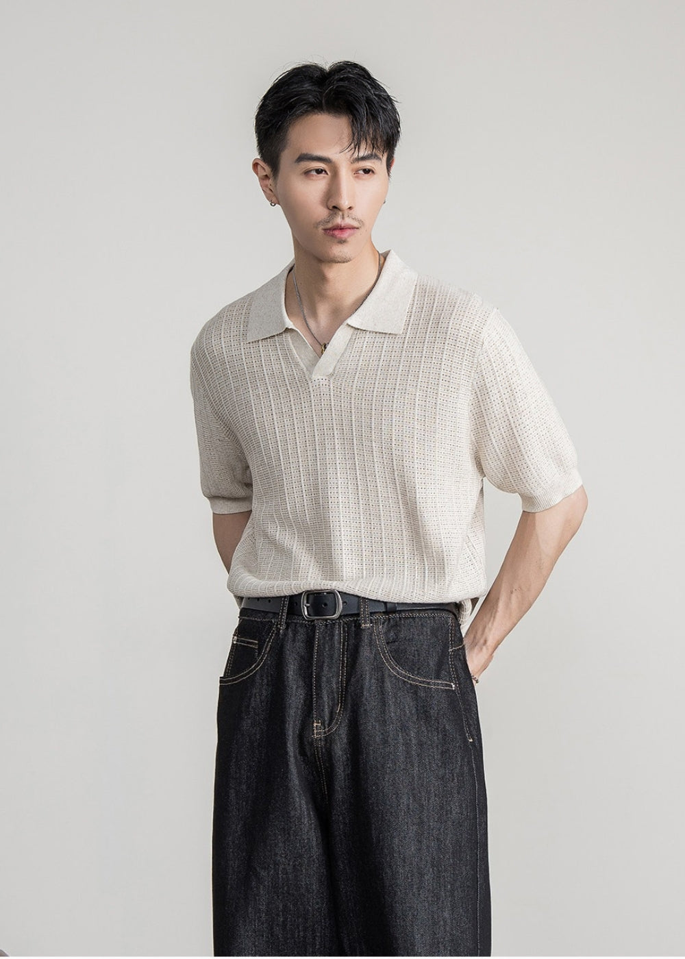 Linen Blend Seagull Neck Polo  #FS088