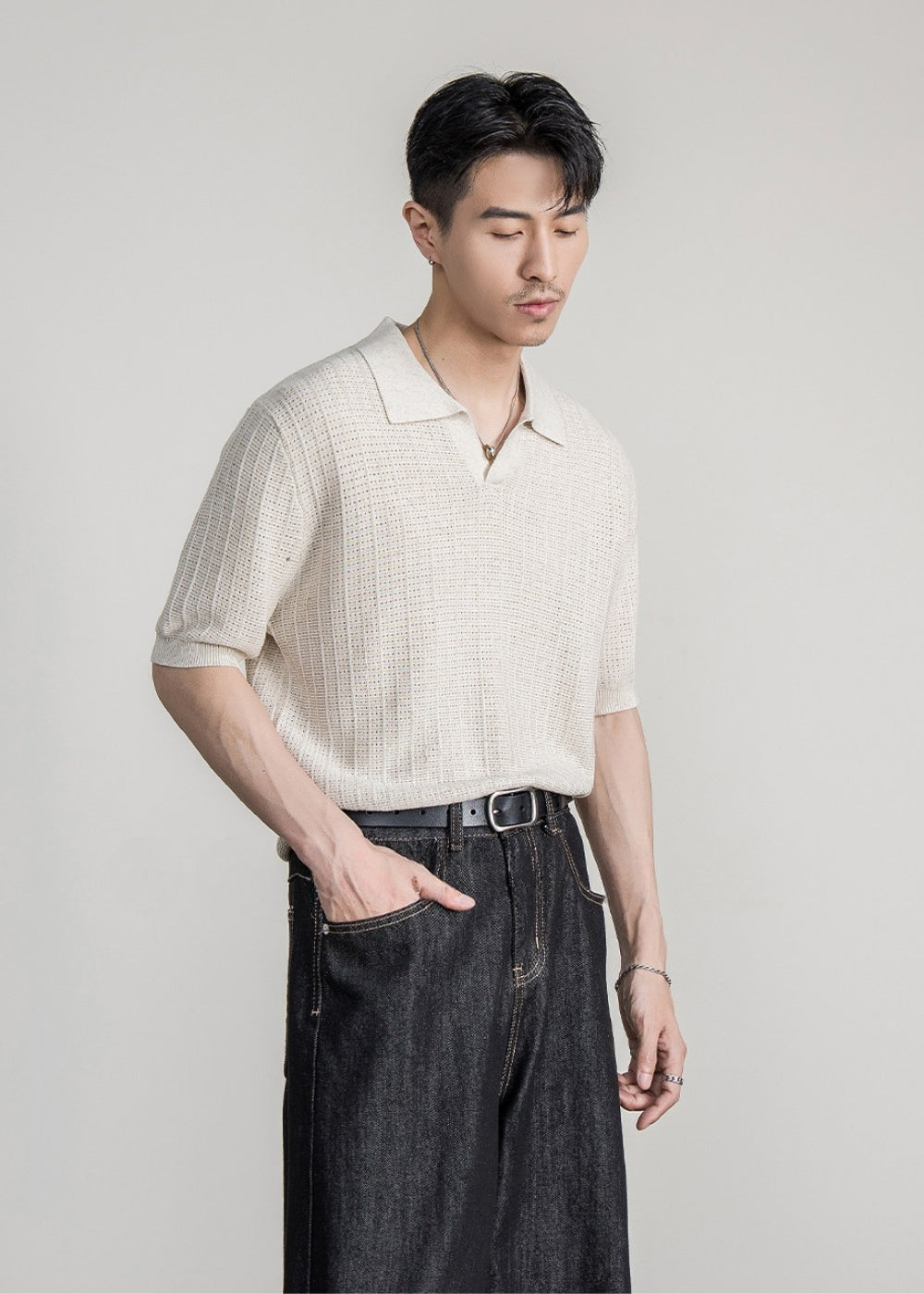 Linen Blend Seagull Neck Polo  #FS088