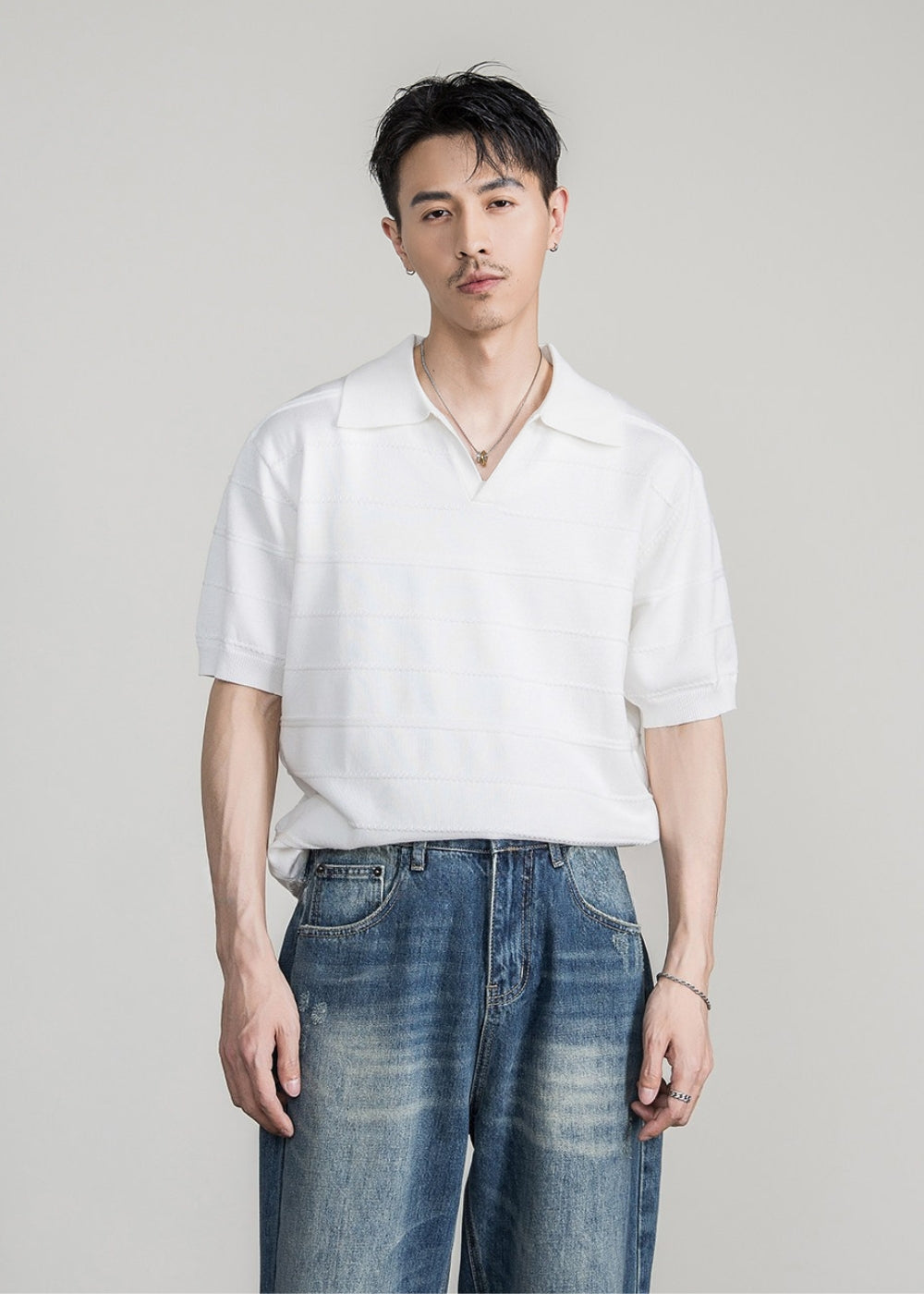 Airy Knit Open Collar Polo  #FS105