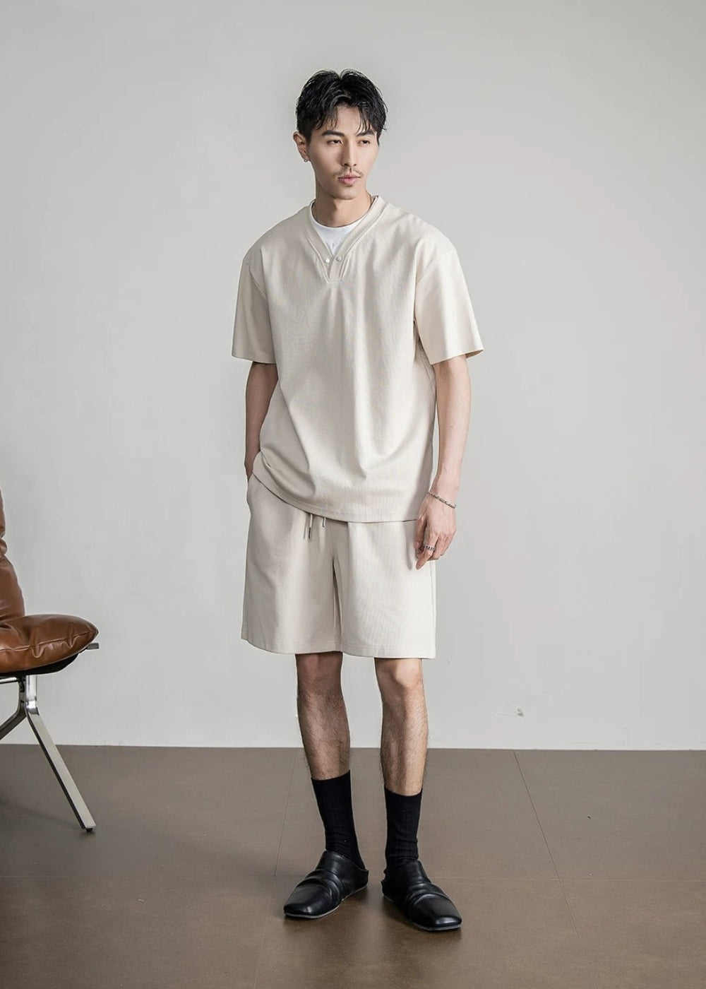 Snap Henley Short Set  #FS075