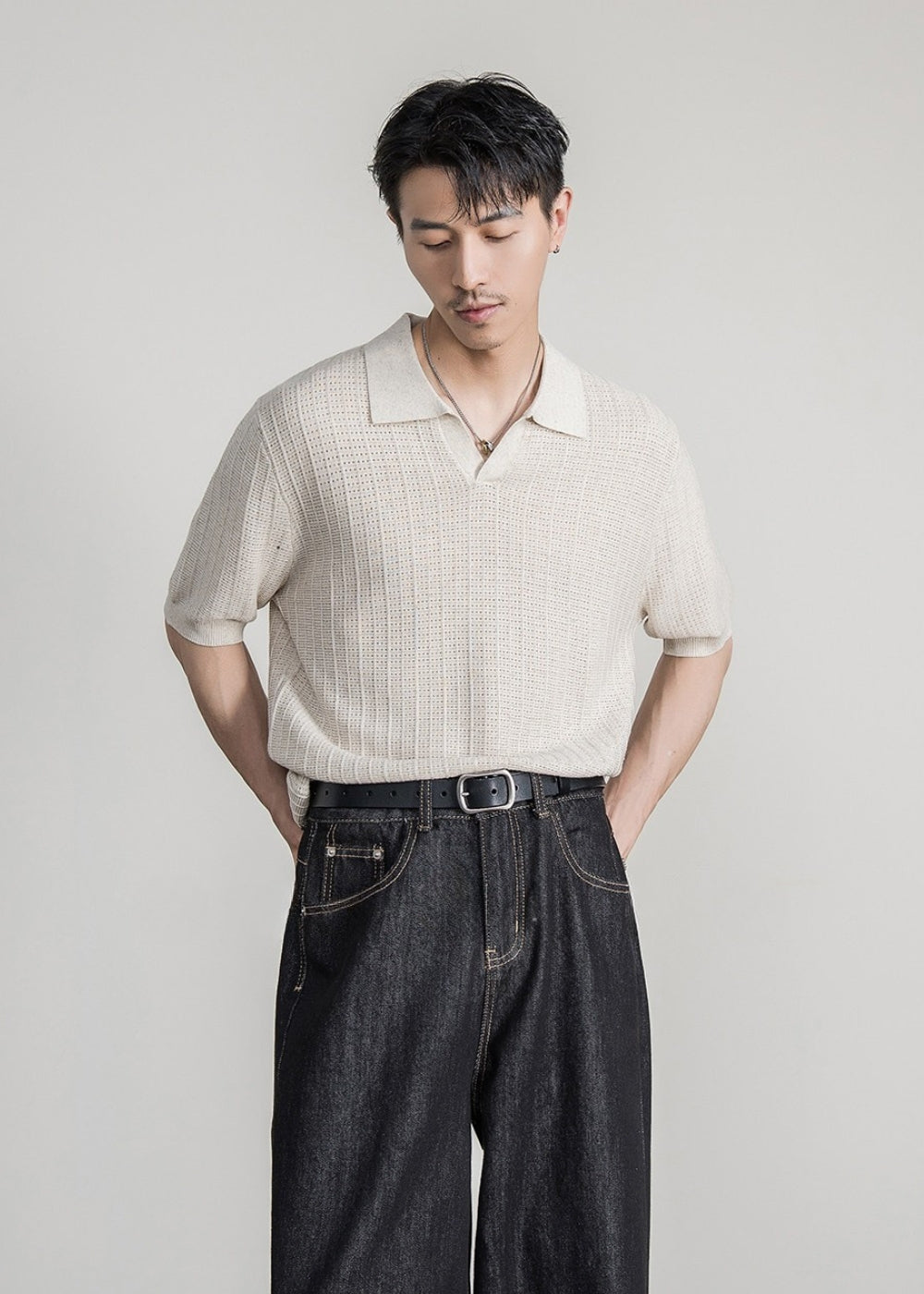 Linen Blend Seagull Neck Polo  #FS088