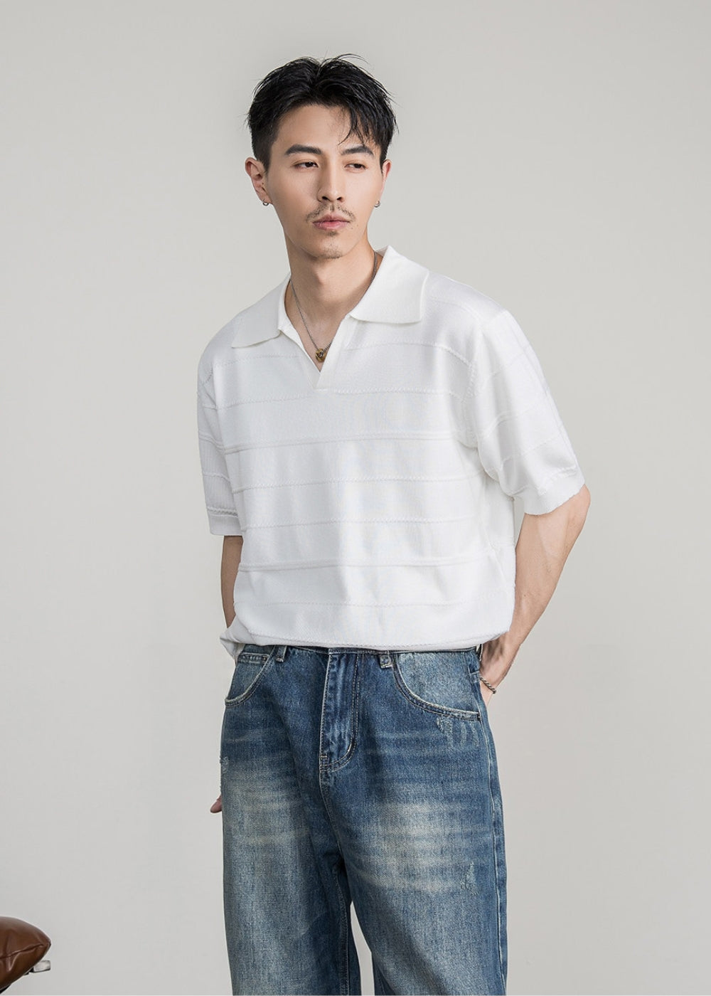 Airy Knit Open Collar Polo  #FS105