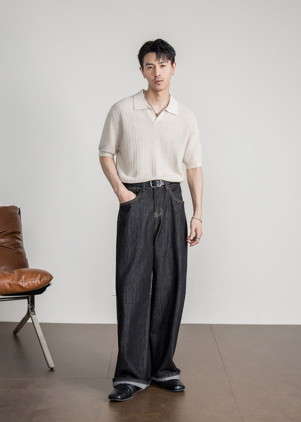 Linen Blend Seagull Neck Polo  #FS088