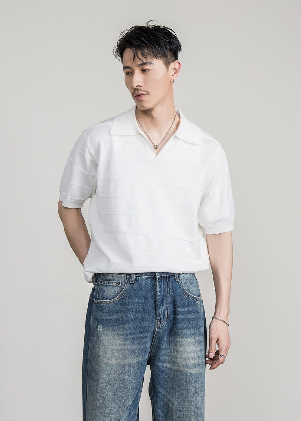 Airy Knit Open Collar Polo  #FS105