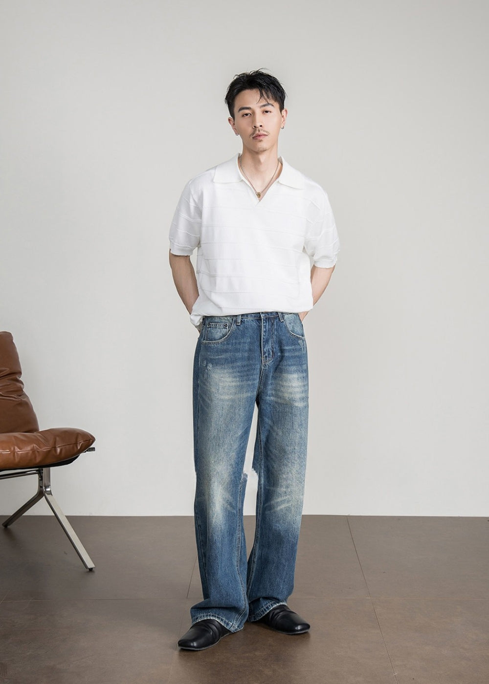 Airy Knit Open Collar Polo  #FS105