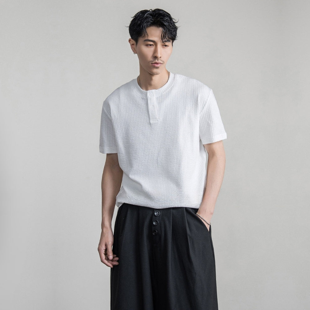 Waffle Cotton Henley Neck T-shirt  #FS096