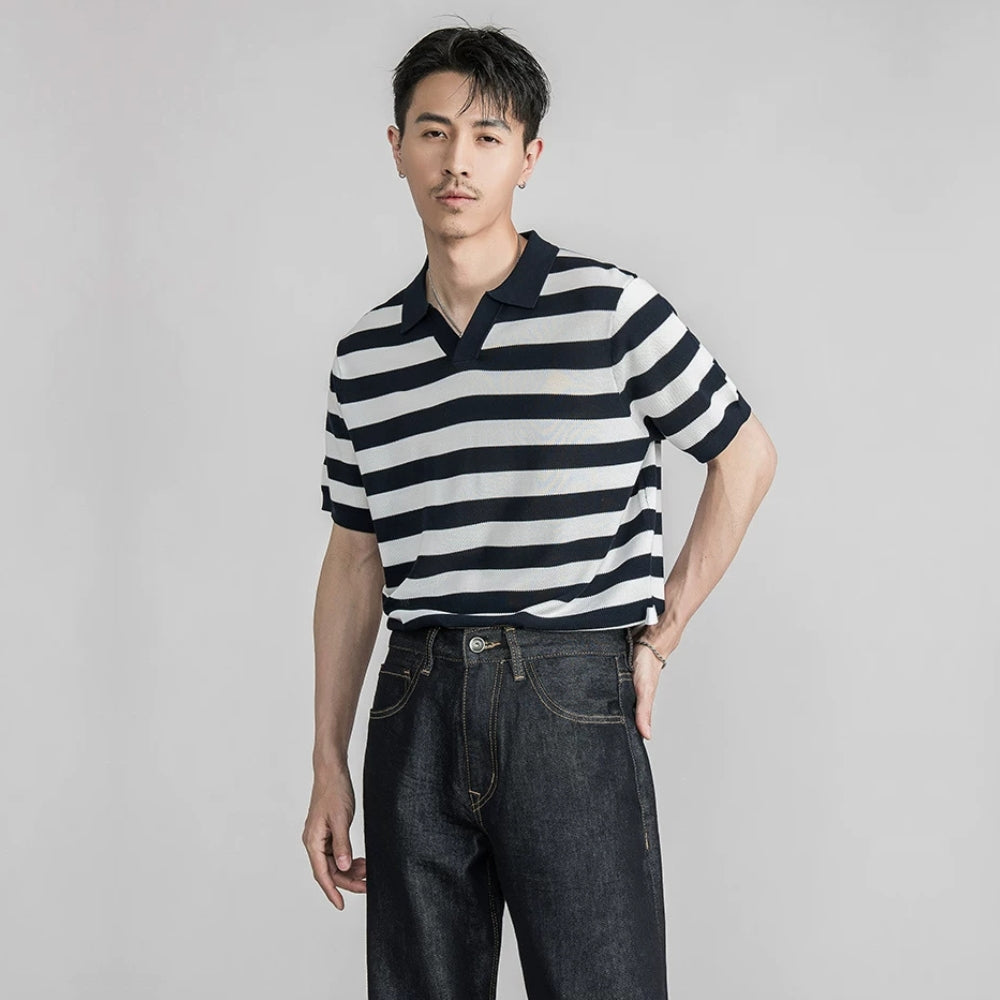 Fine Knit Silk Blend Stripe Polo  #SF002