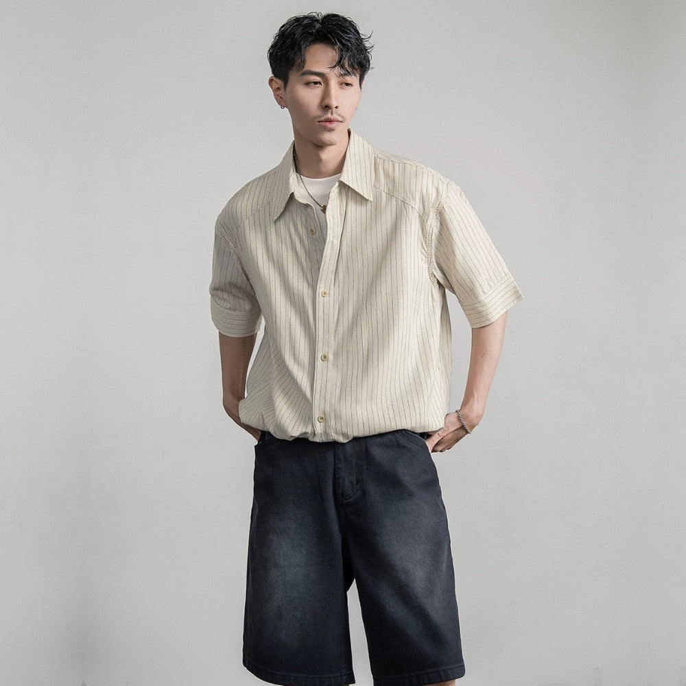 Chalk Stripe Linen Relaxed Shirt  #FS085