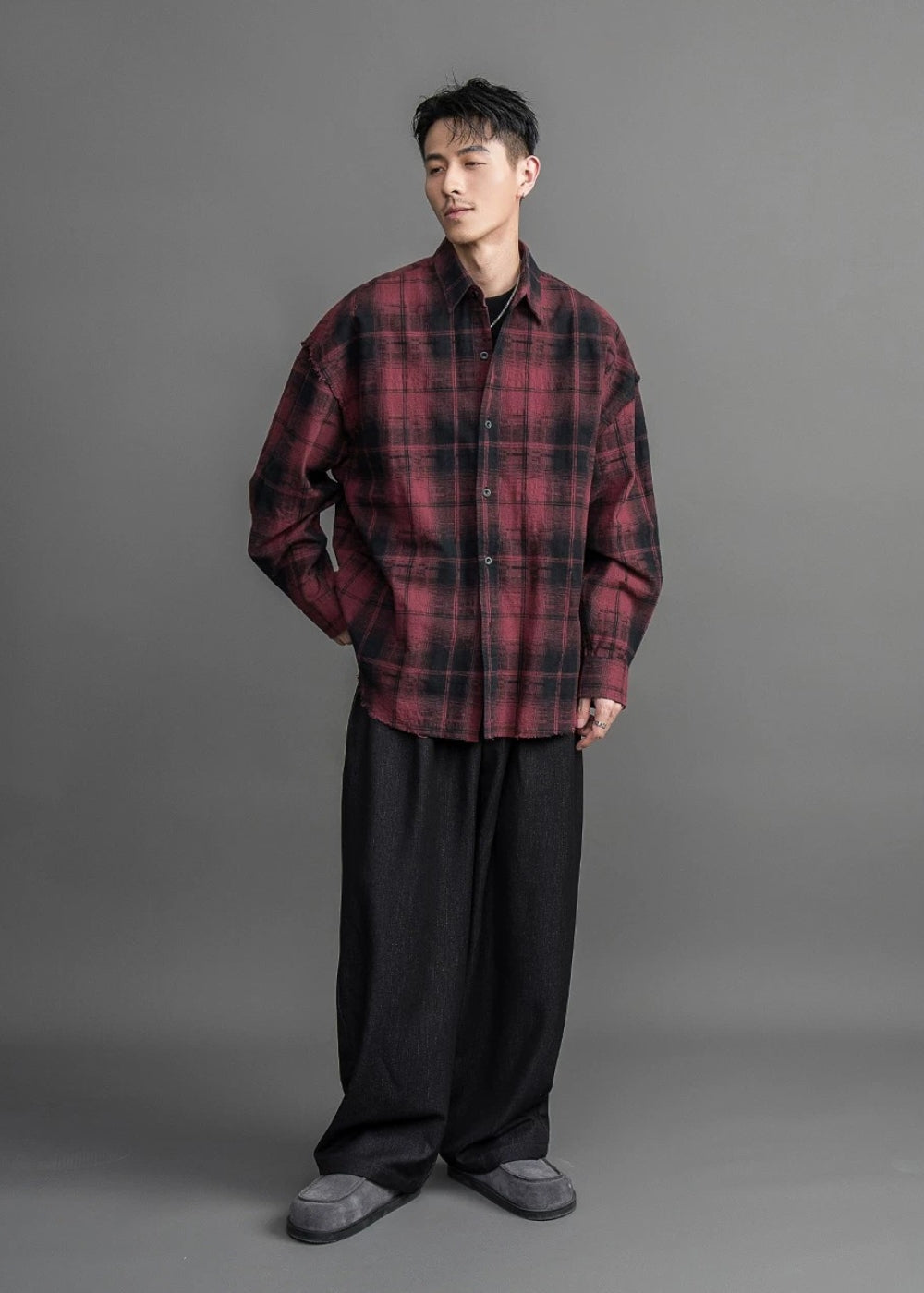Haze Check Fray Loose Shirt  #FS053