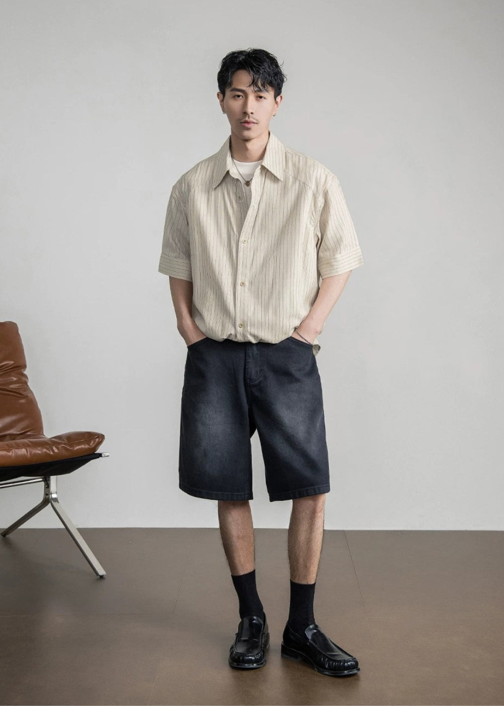 Chalk Stripe Linen Relaxed Shirt  #FS085