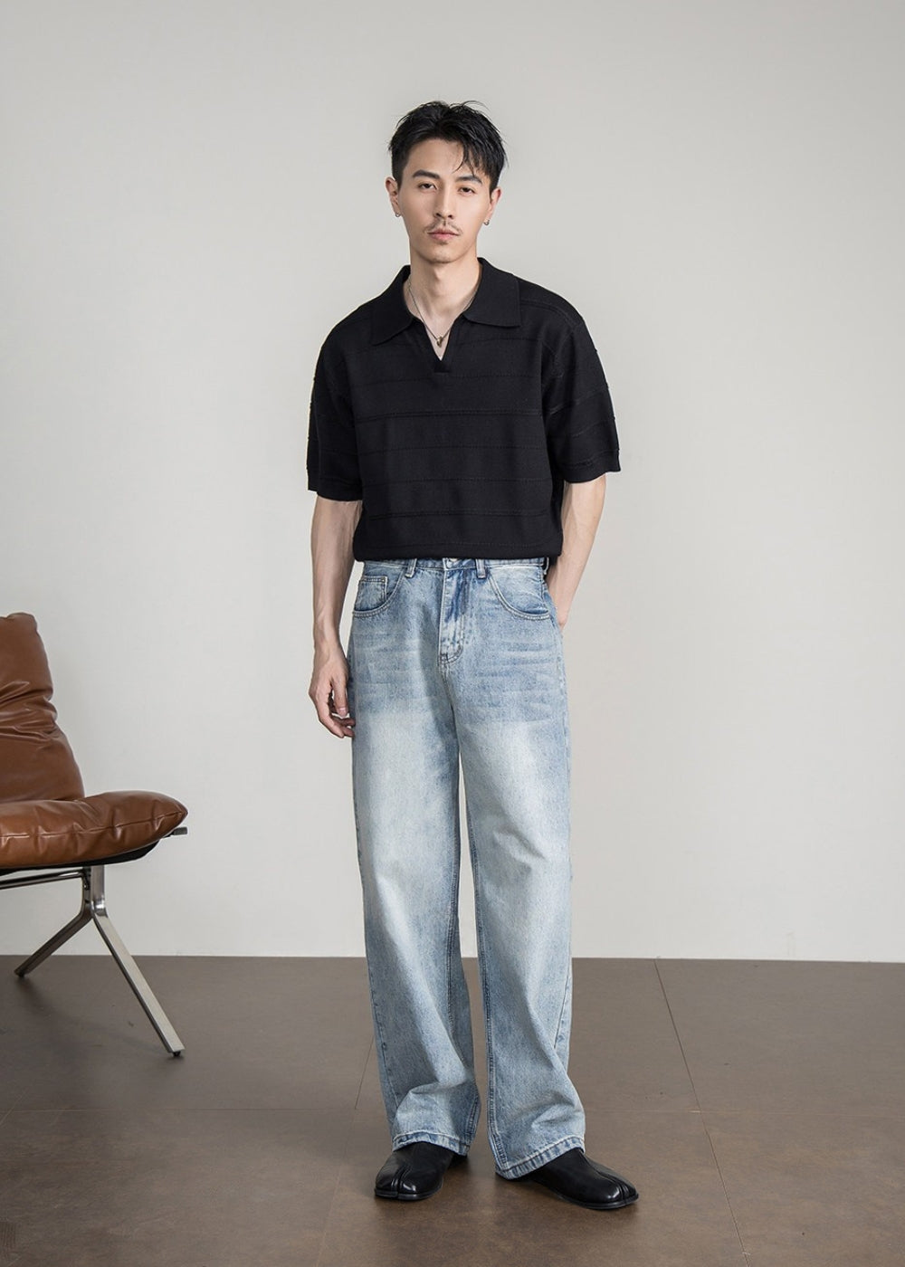 Airy Knit Open Collar Polo  #FS105