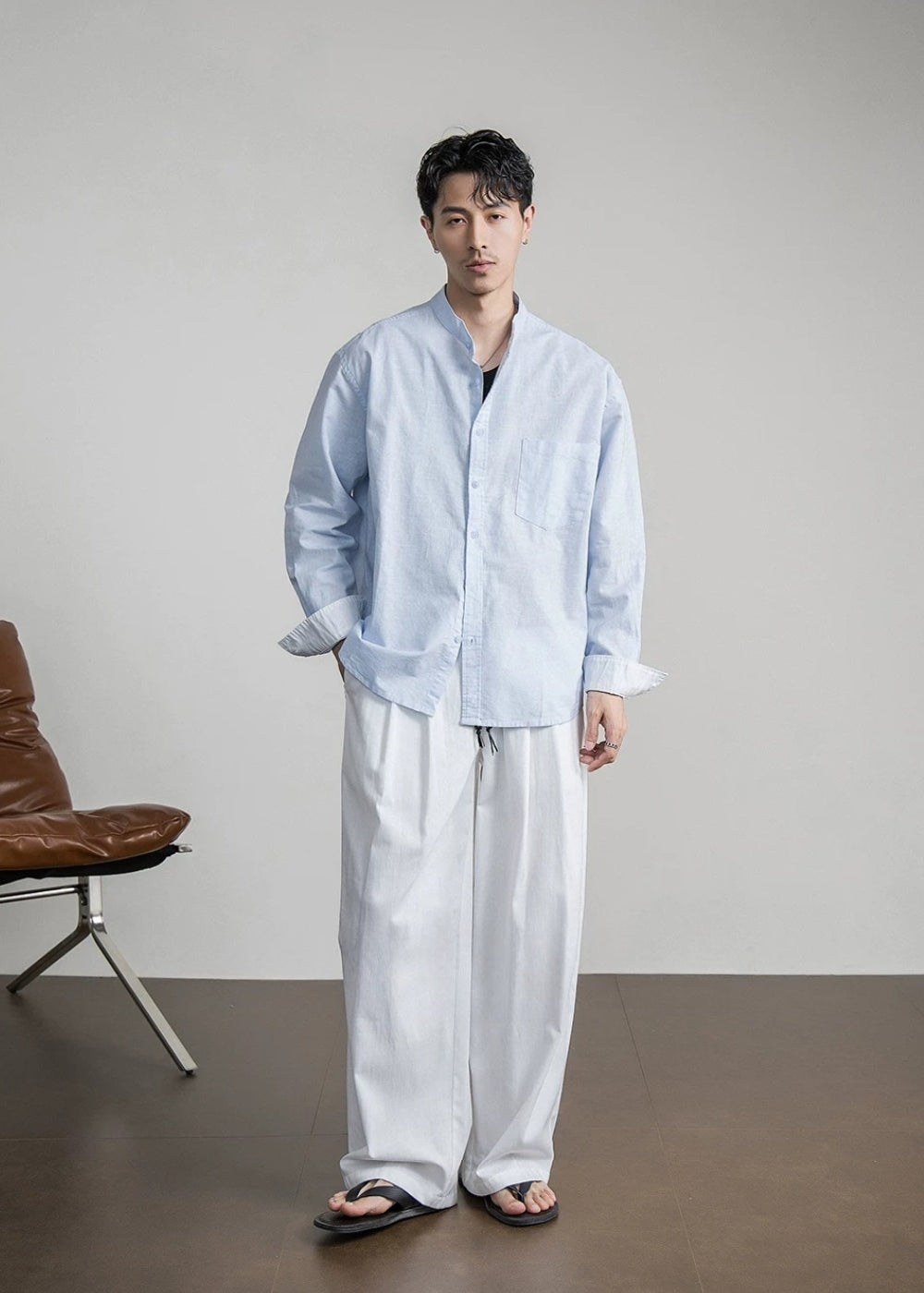 Cotton Linen Band Collar Shirt  #FS094