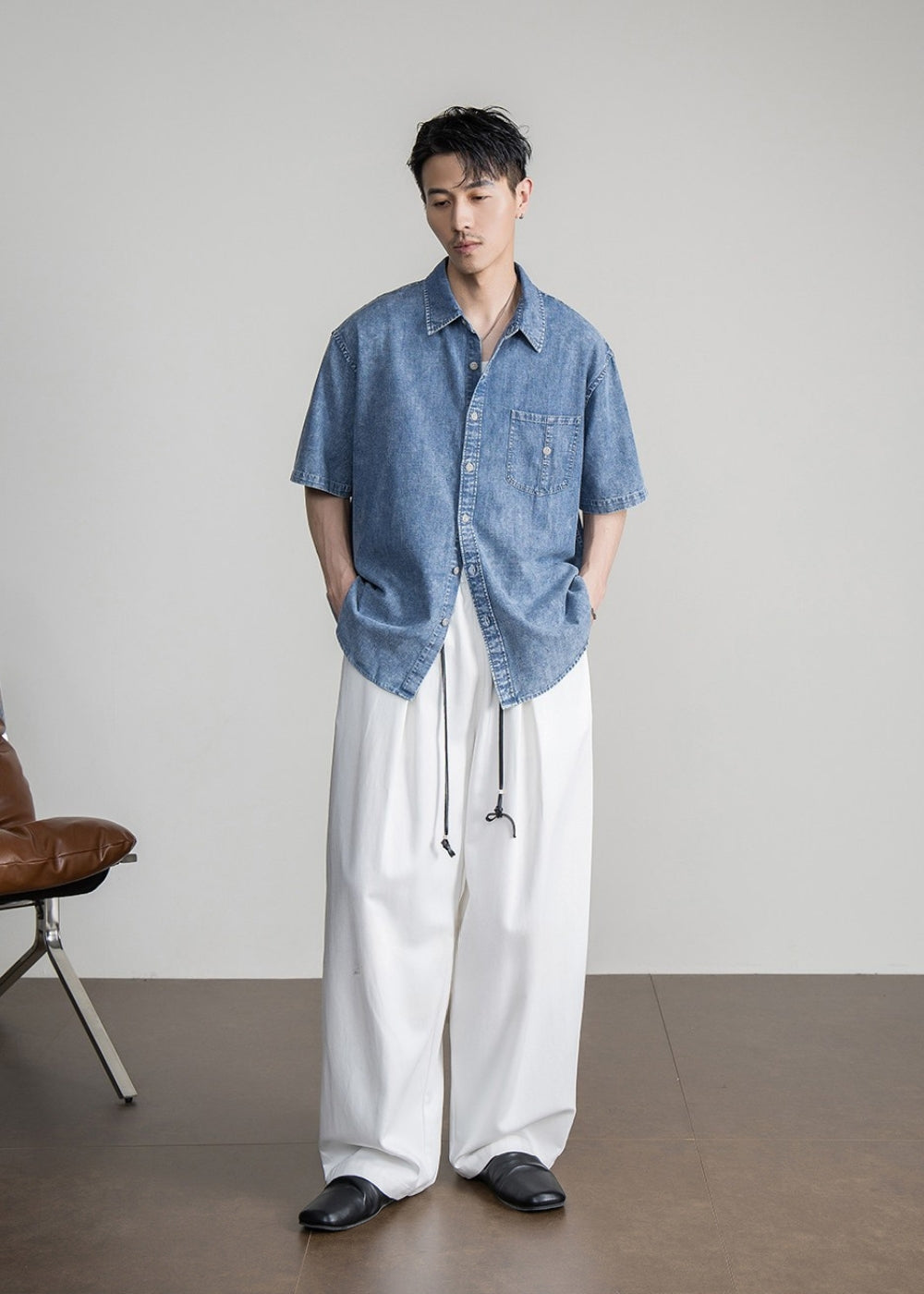 Relaxed Denim Short Sleeve Shirt  #FS089