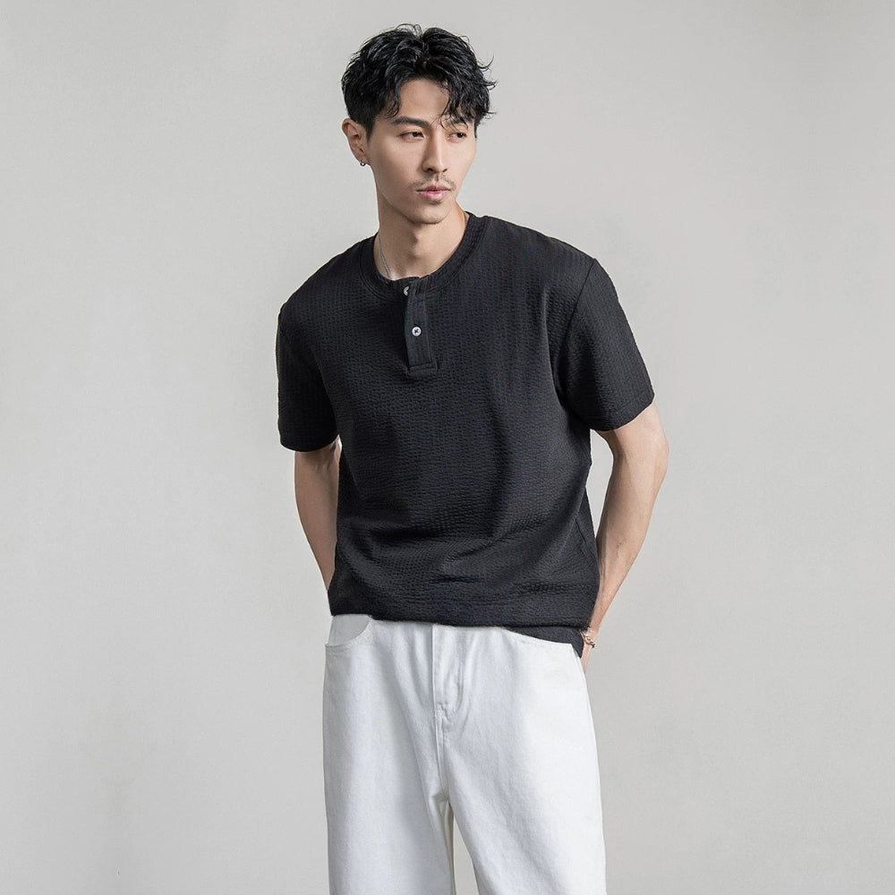 Waffle Cotton Henley Neck T-shirt  #FS096