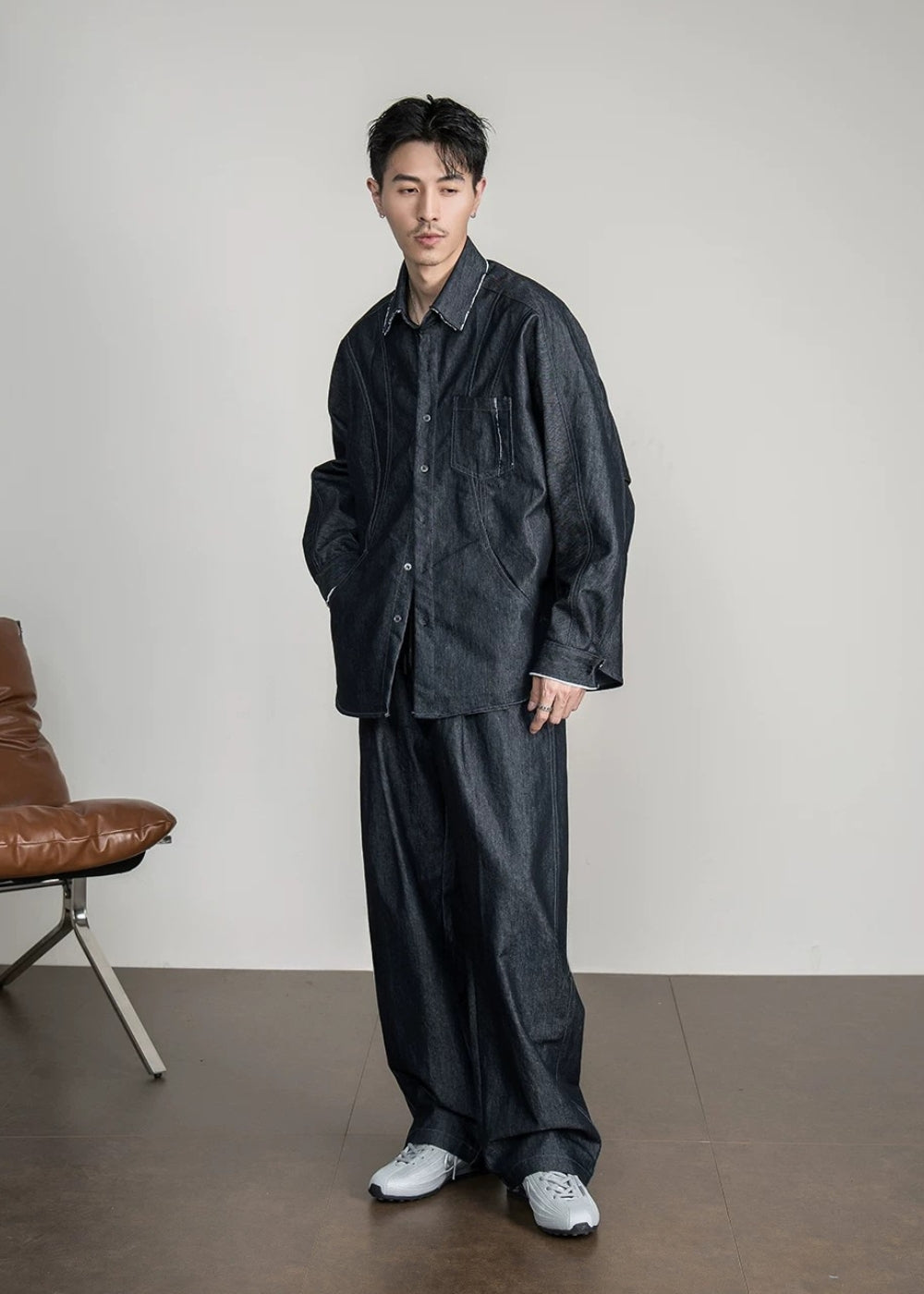 Contrast Pipe Denim Shirt Set  #FS052