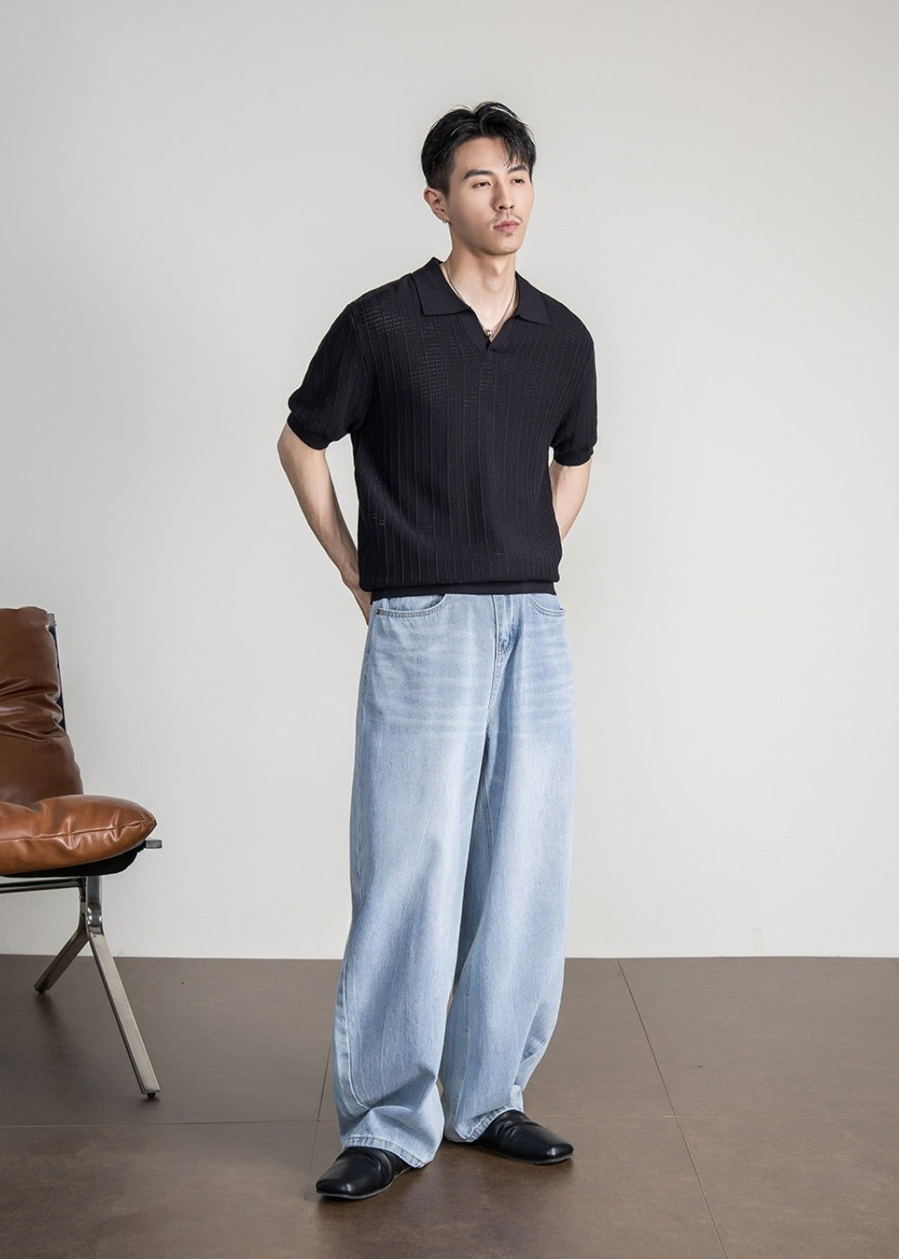 Linen Blend Seagull Neck Polo  #FS088