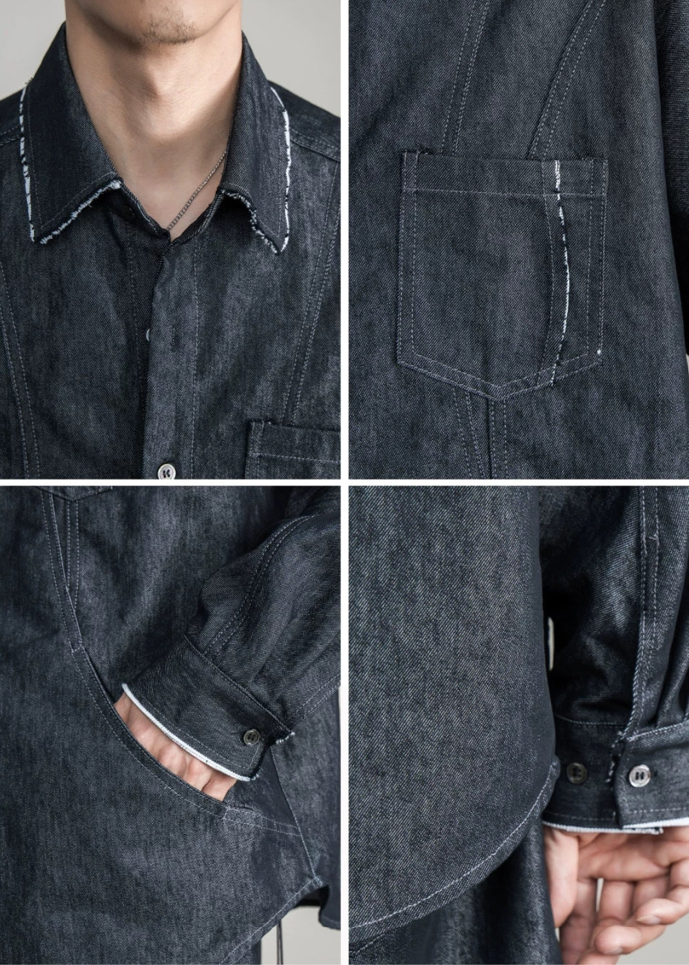 Contrast Pipe Denim Shirt Set  #FS052