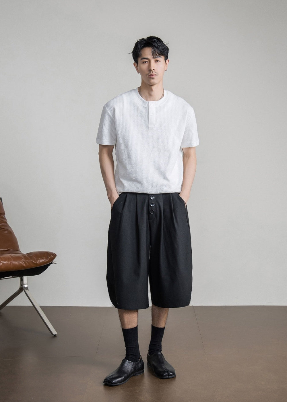Waffle Cotton Henley Neck T-shirt  #FS096