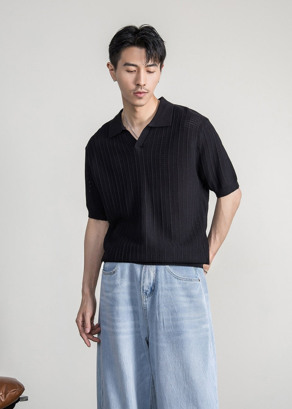 Linen Blend Seagull Neck Polo  #FS088