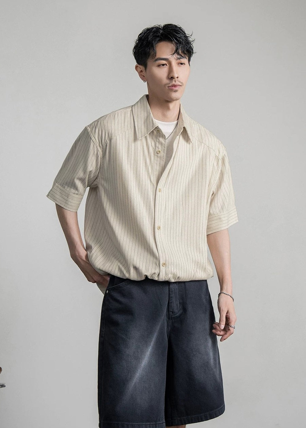 Chalk Stripe Linen Relaxed Shirt  #FS085