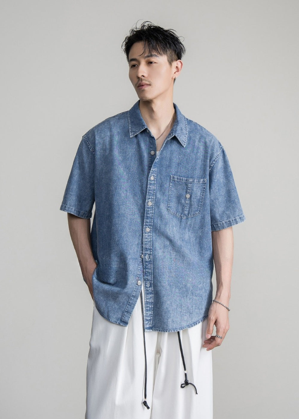 Relaxed Denim Short Sleeve Shirt  #FS089