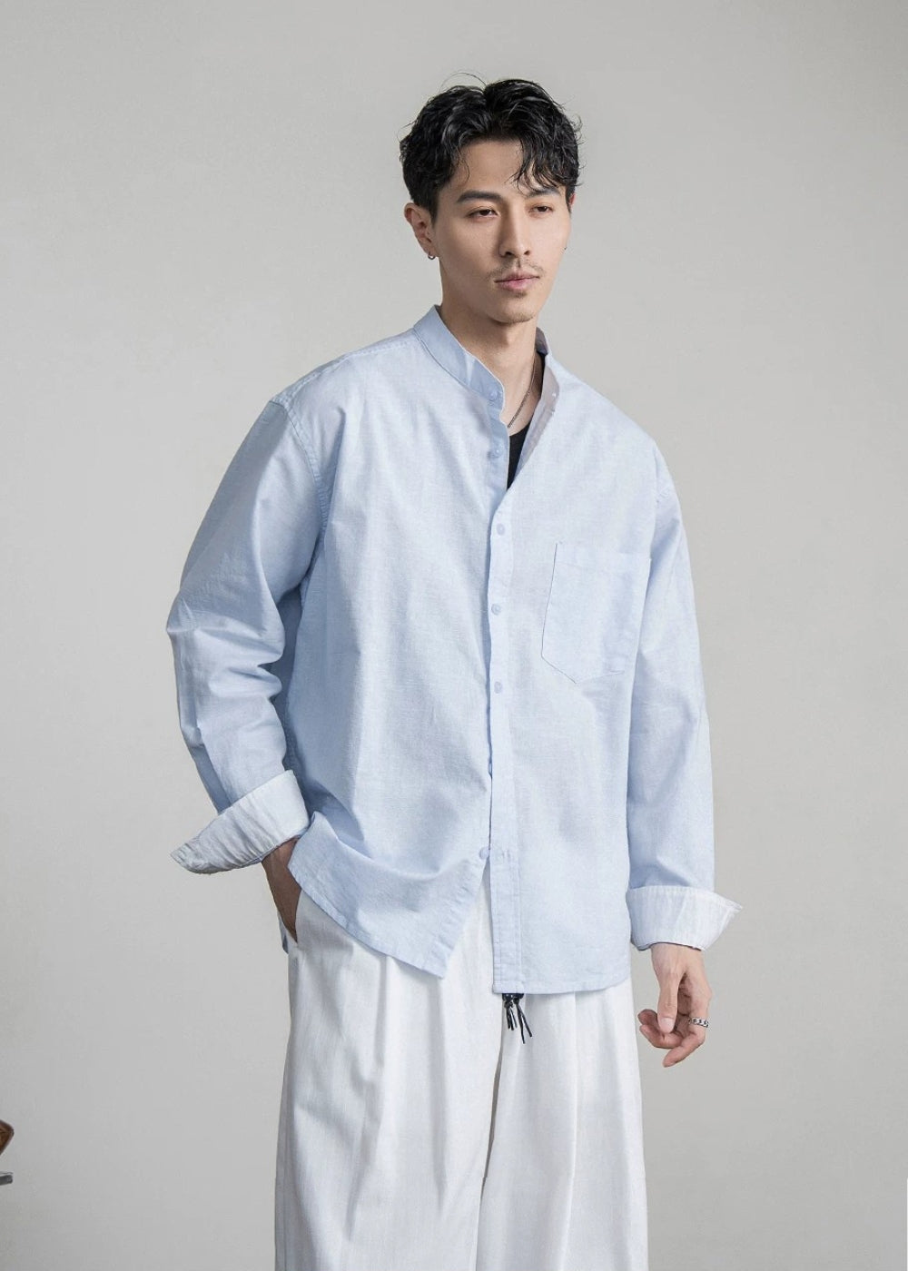 Cotton Linen Band Collar Shirt  #FS094