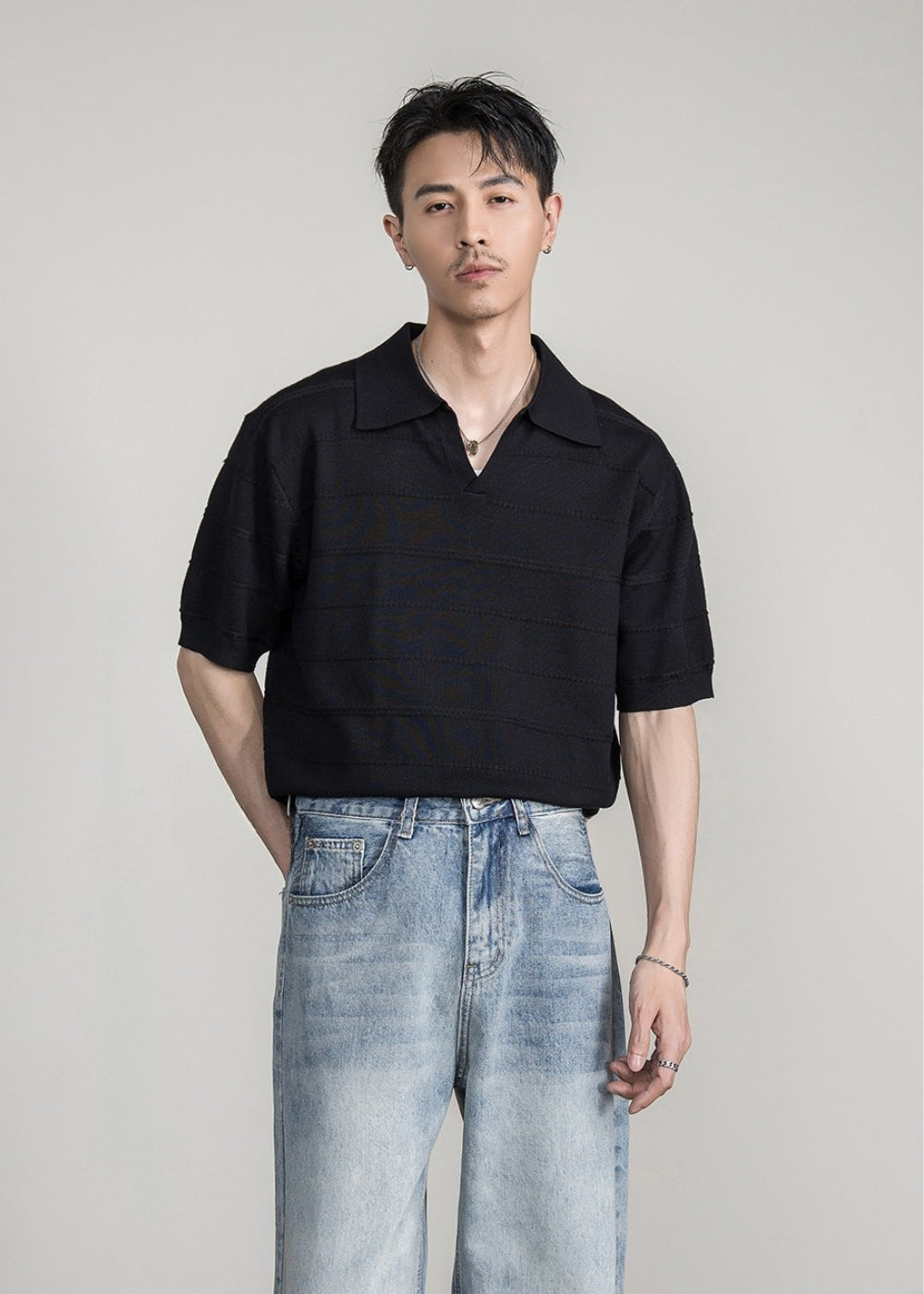 Airy Knit Open Collar Polo  #FS105