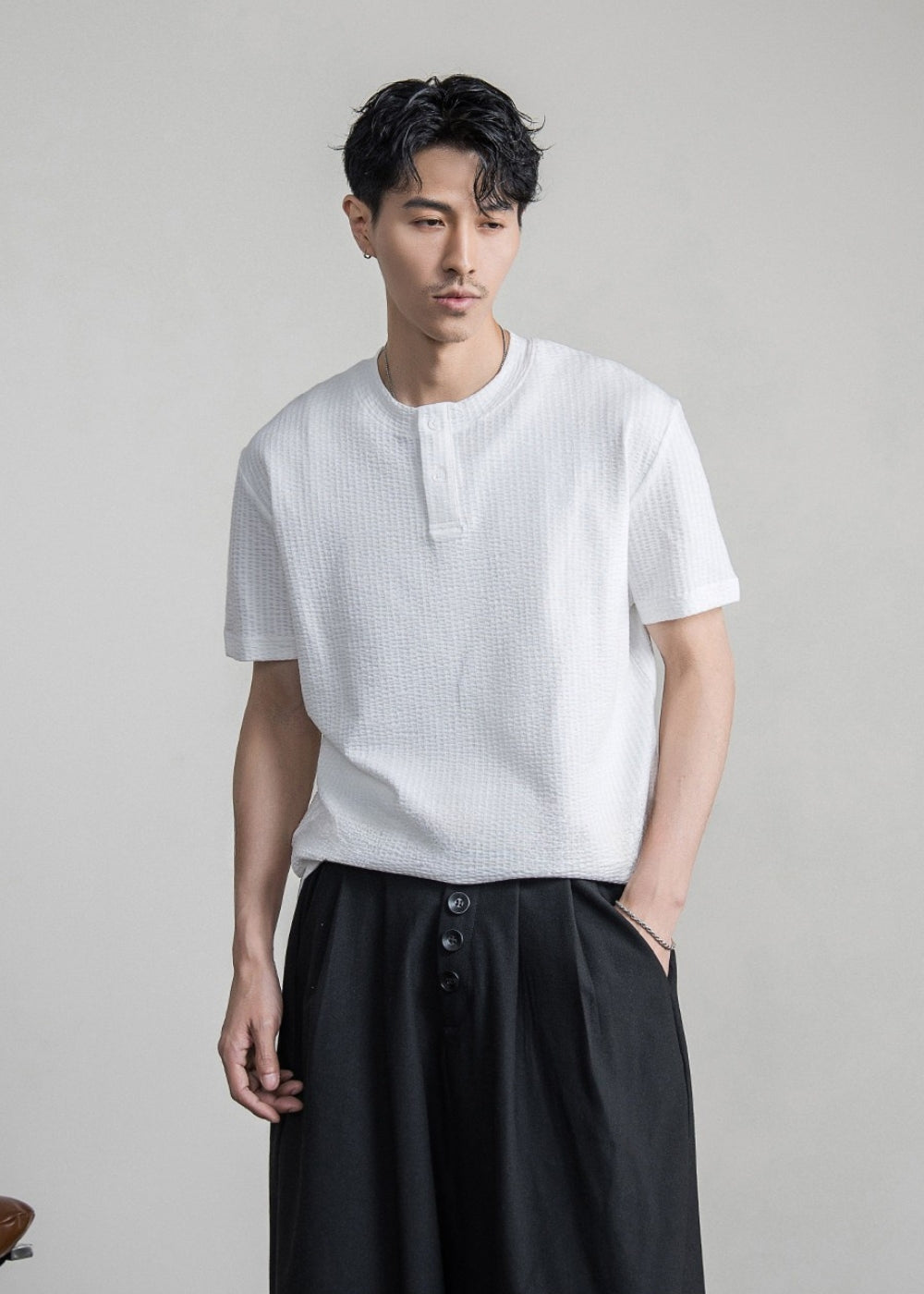 Waffle Cotton Henley Neck T-shirt  #FS096