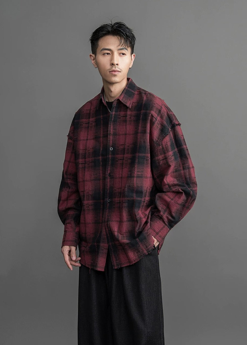 Haze Check Fray Loose Shirt  #FS053