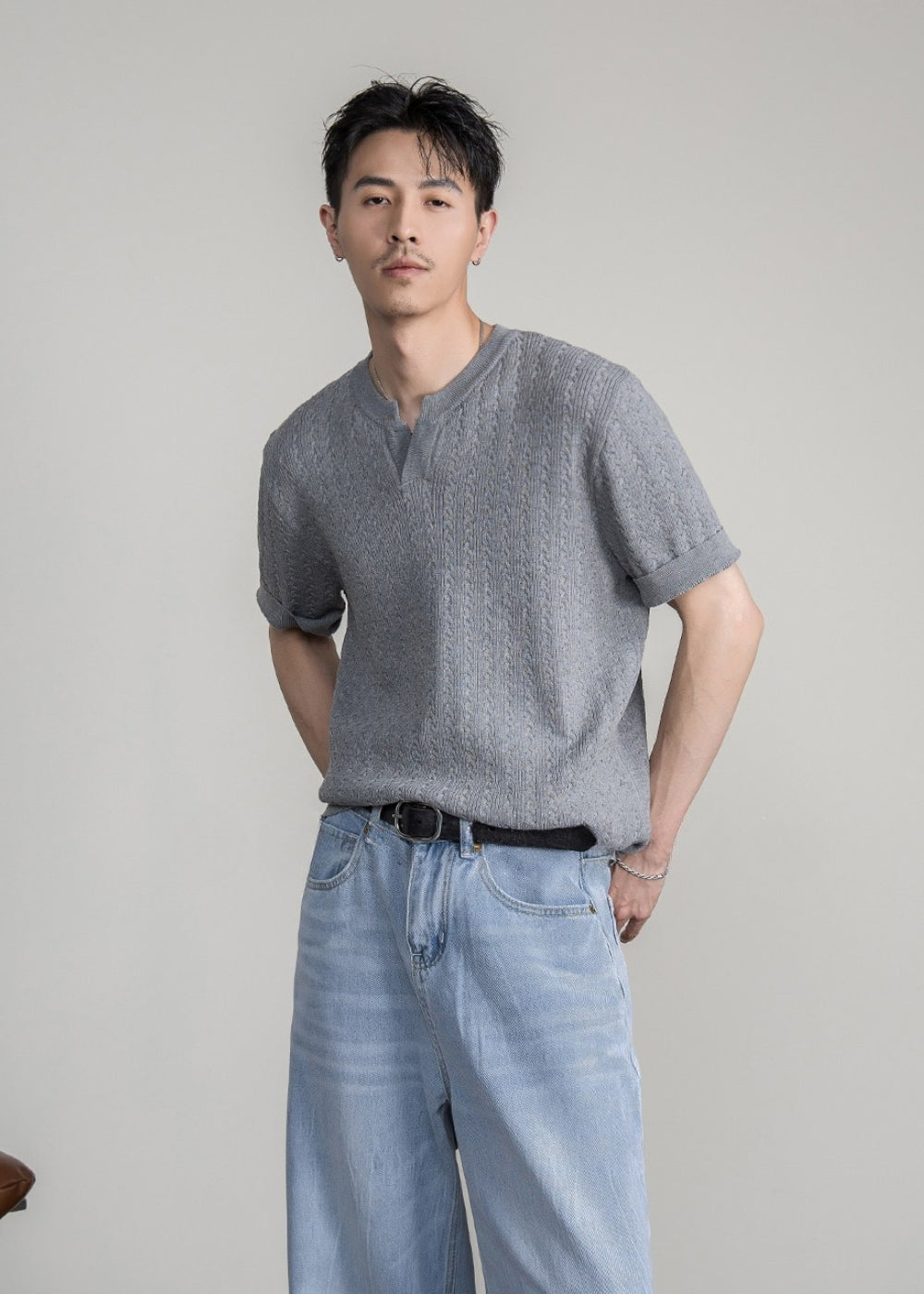 Cable Henley Knit T-shirt  #FS070