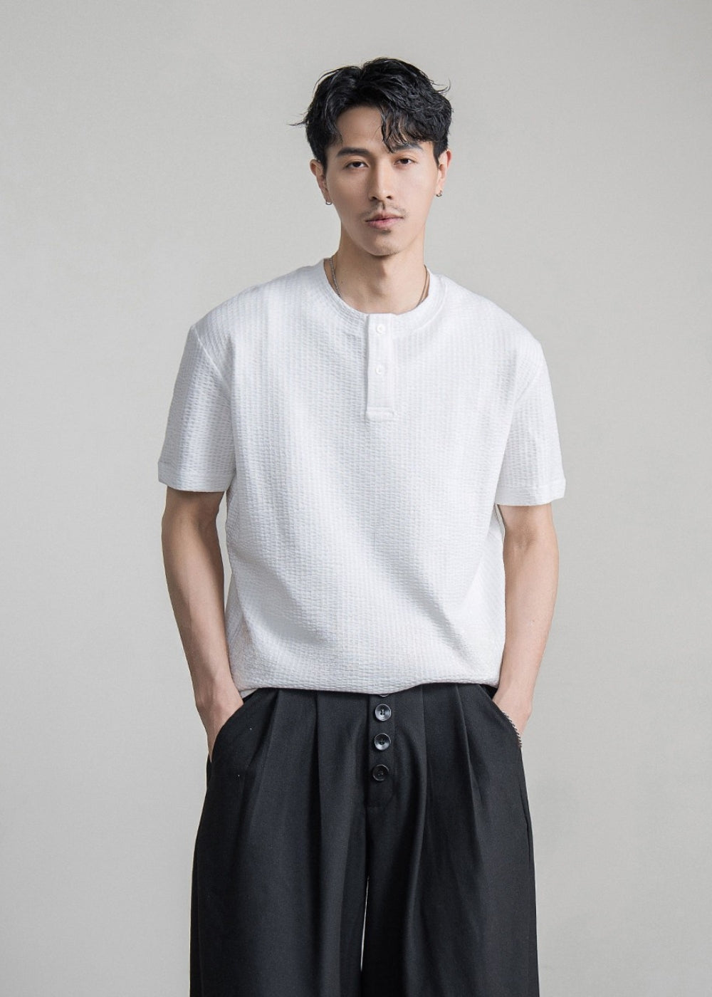 Waffle Cotton Henley Neck T-shirt  #FS096