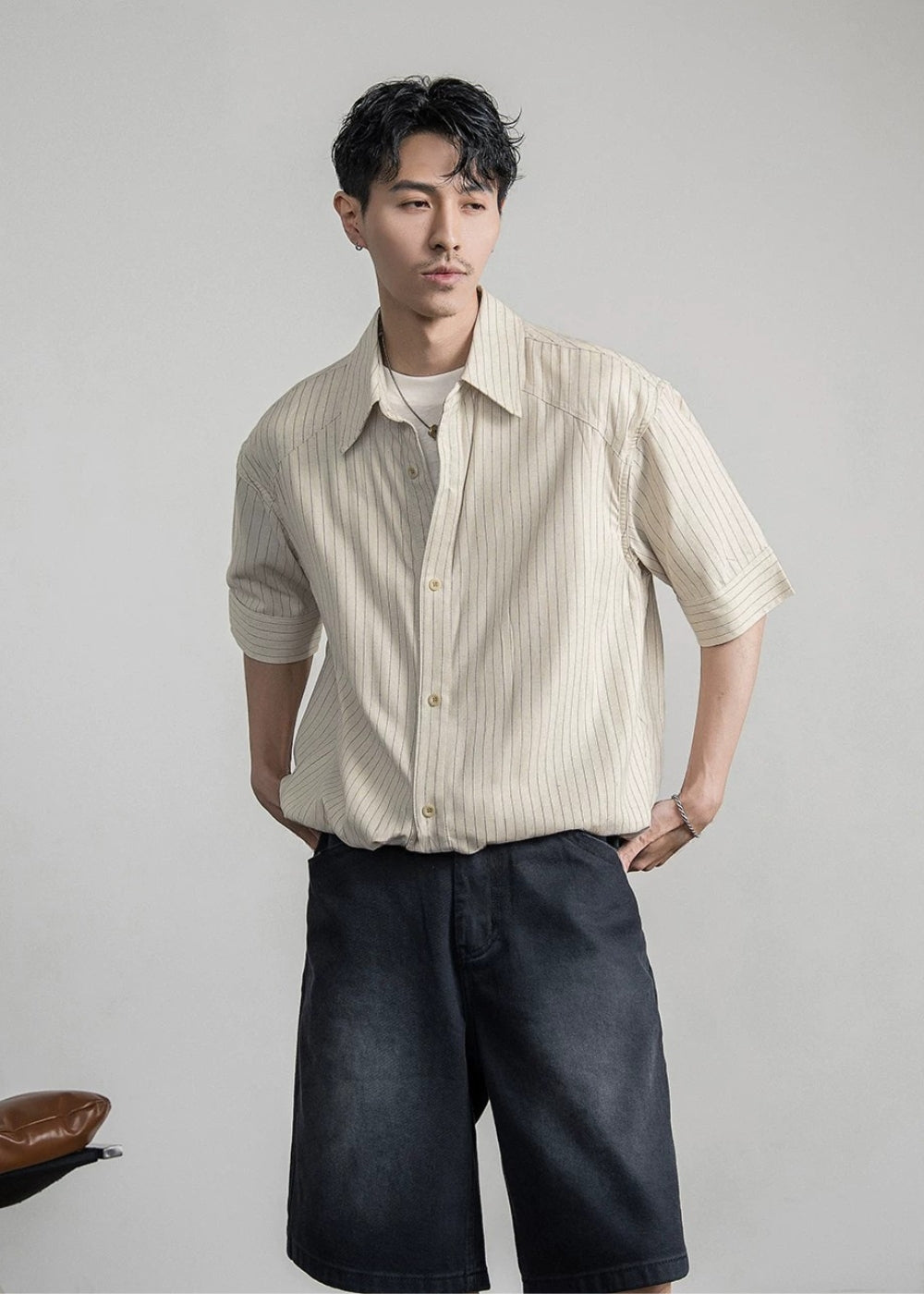 Chalk Stripe Linen Relaxed Shirt  #FS085