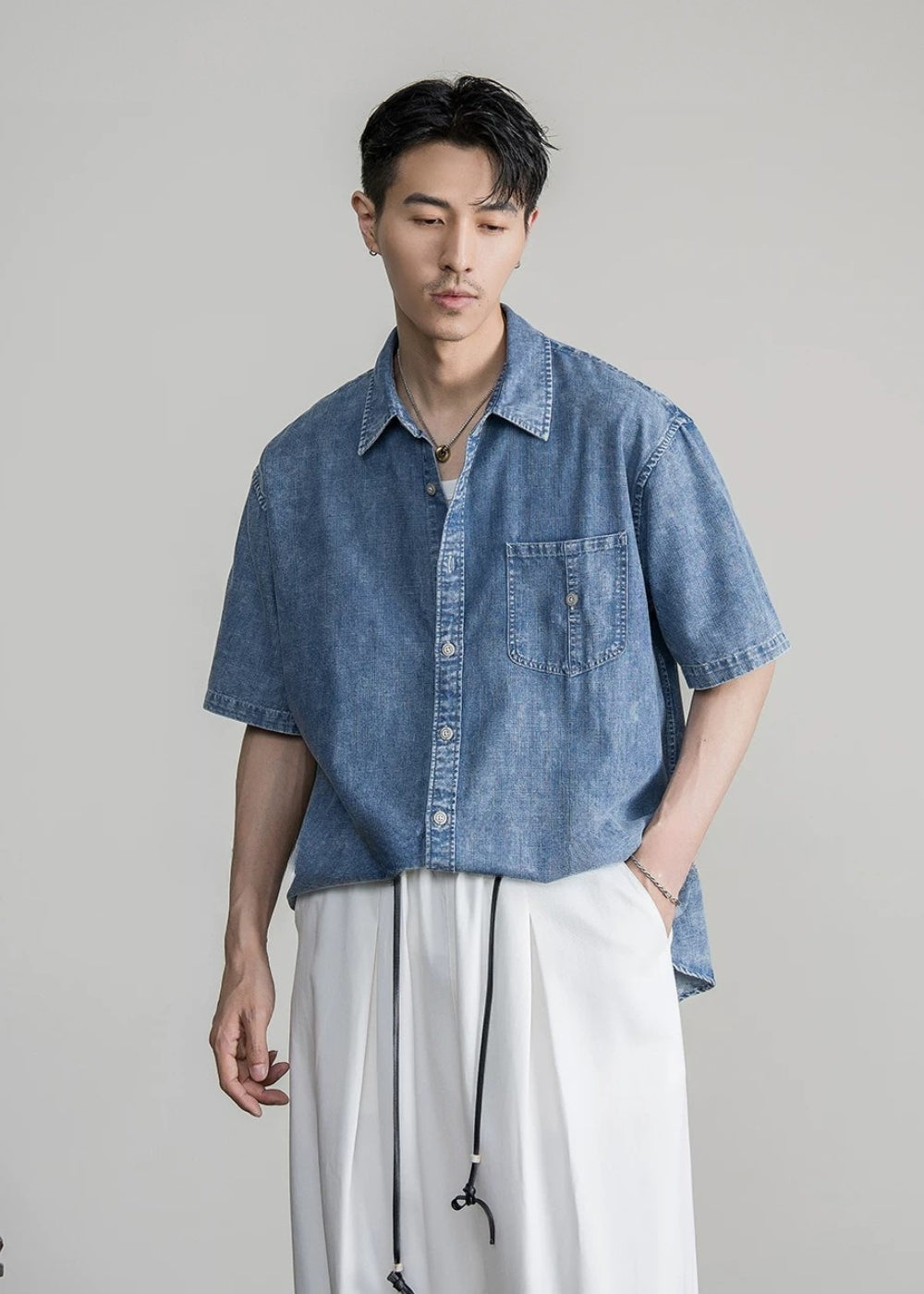 Relaxed Denim Short Sleeve Shirt  #FS089