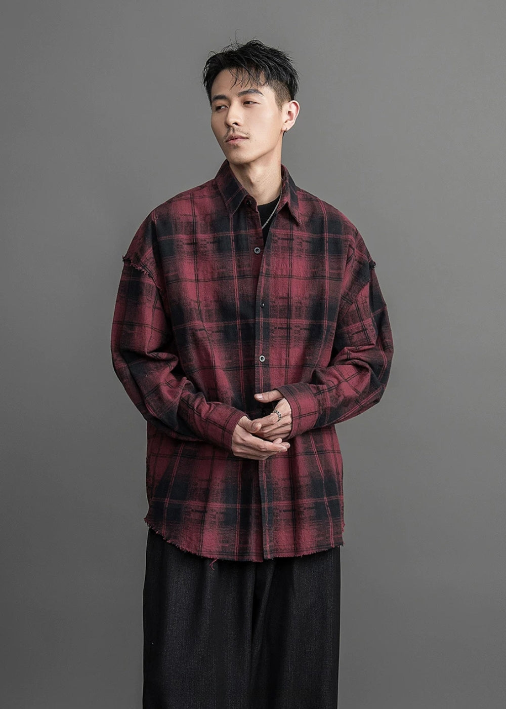 Haze Check Fray Loose Shirt  #FS053