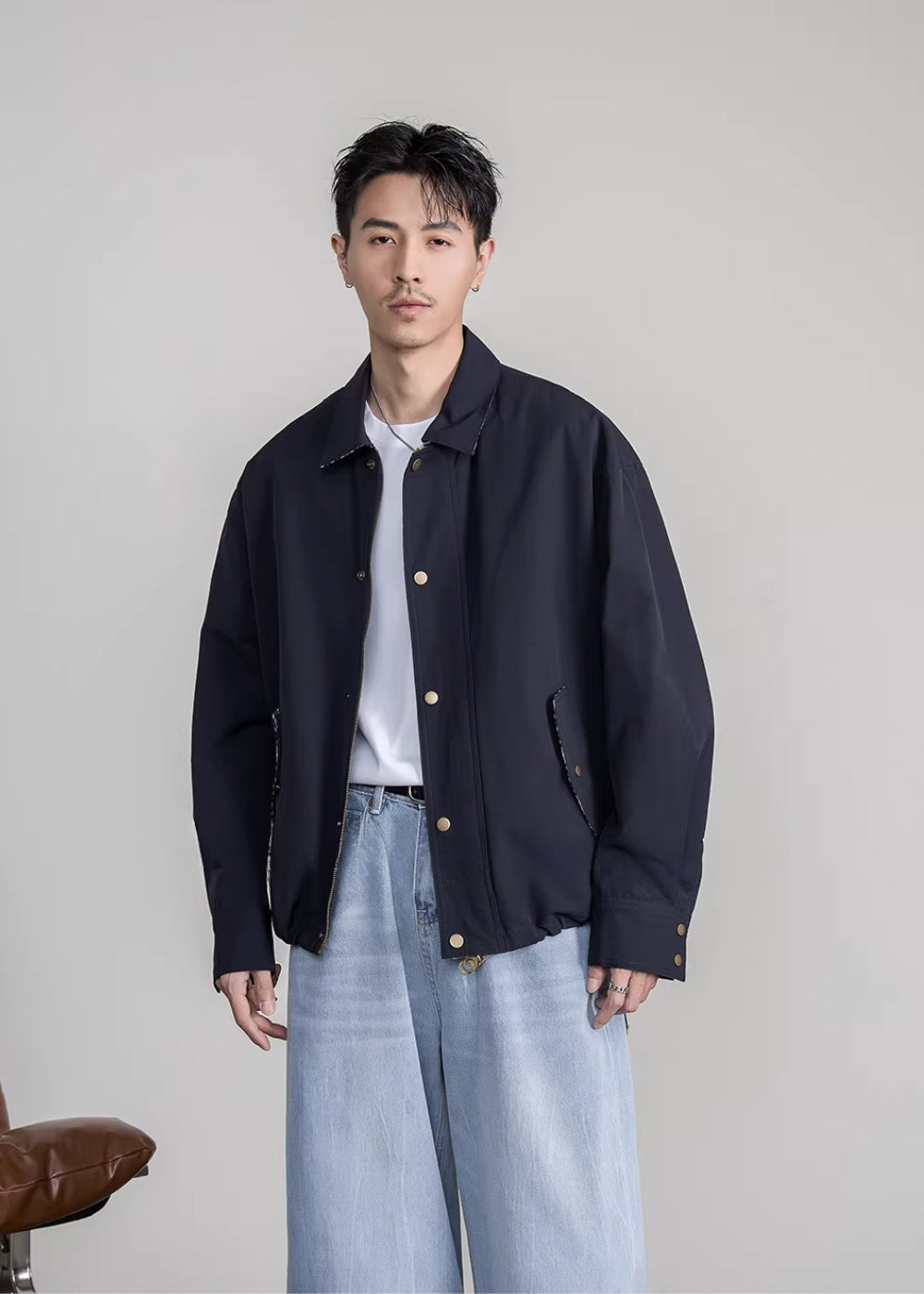 Reverse Check Zip Blouson  #FS044
