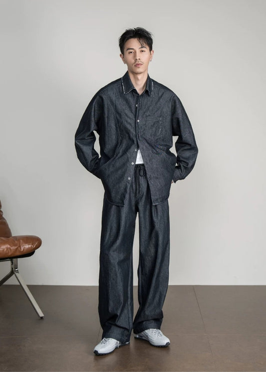 Contrast Pipe Denim Shirt Set  #FS052