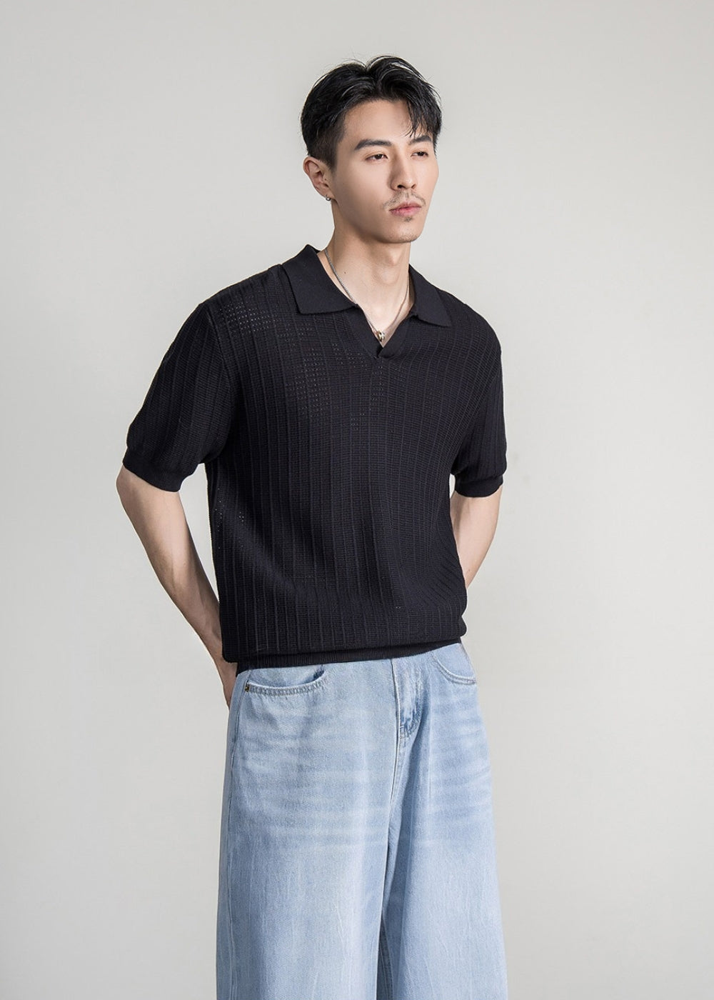 Linen Blend Seagull Neck Polo  #FS088