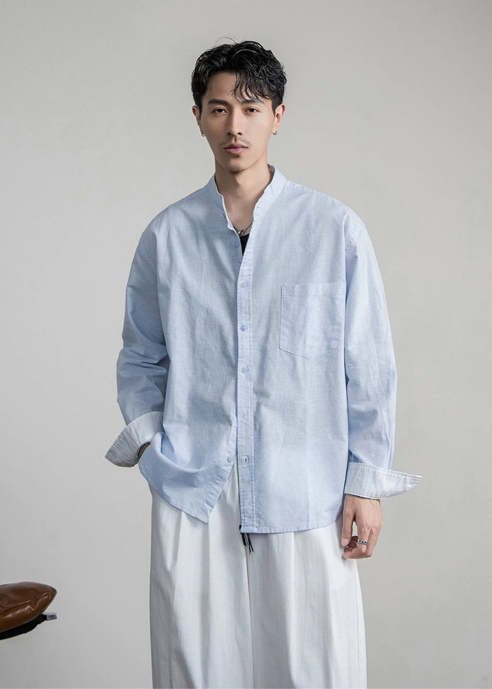Cotton Linen Band Collar Shirt  #FS094