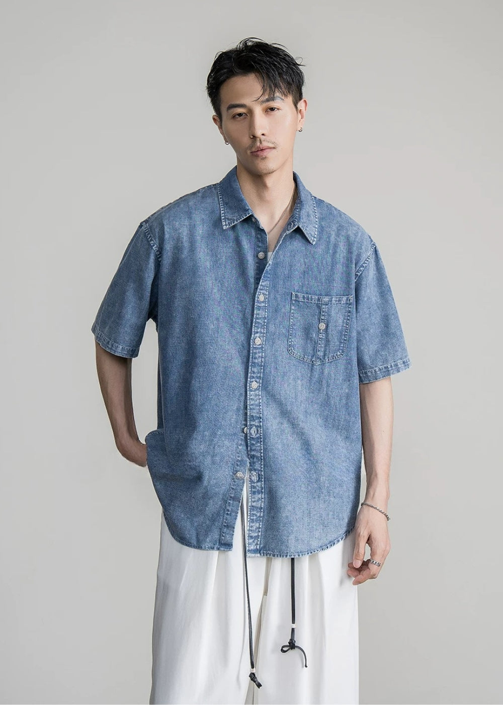Relaxed Denim Short Sleeve Shirt  #FS089
