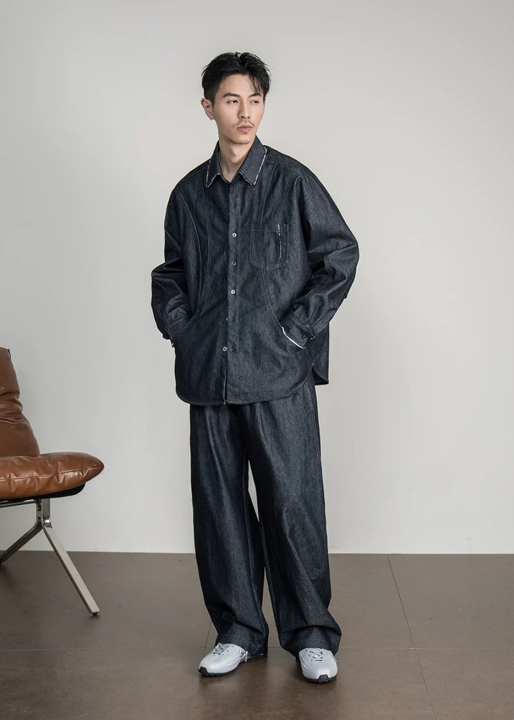 Contrast Pipe Denim Shirt Set  #FS052
