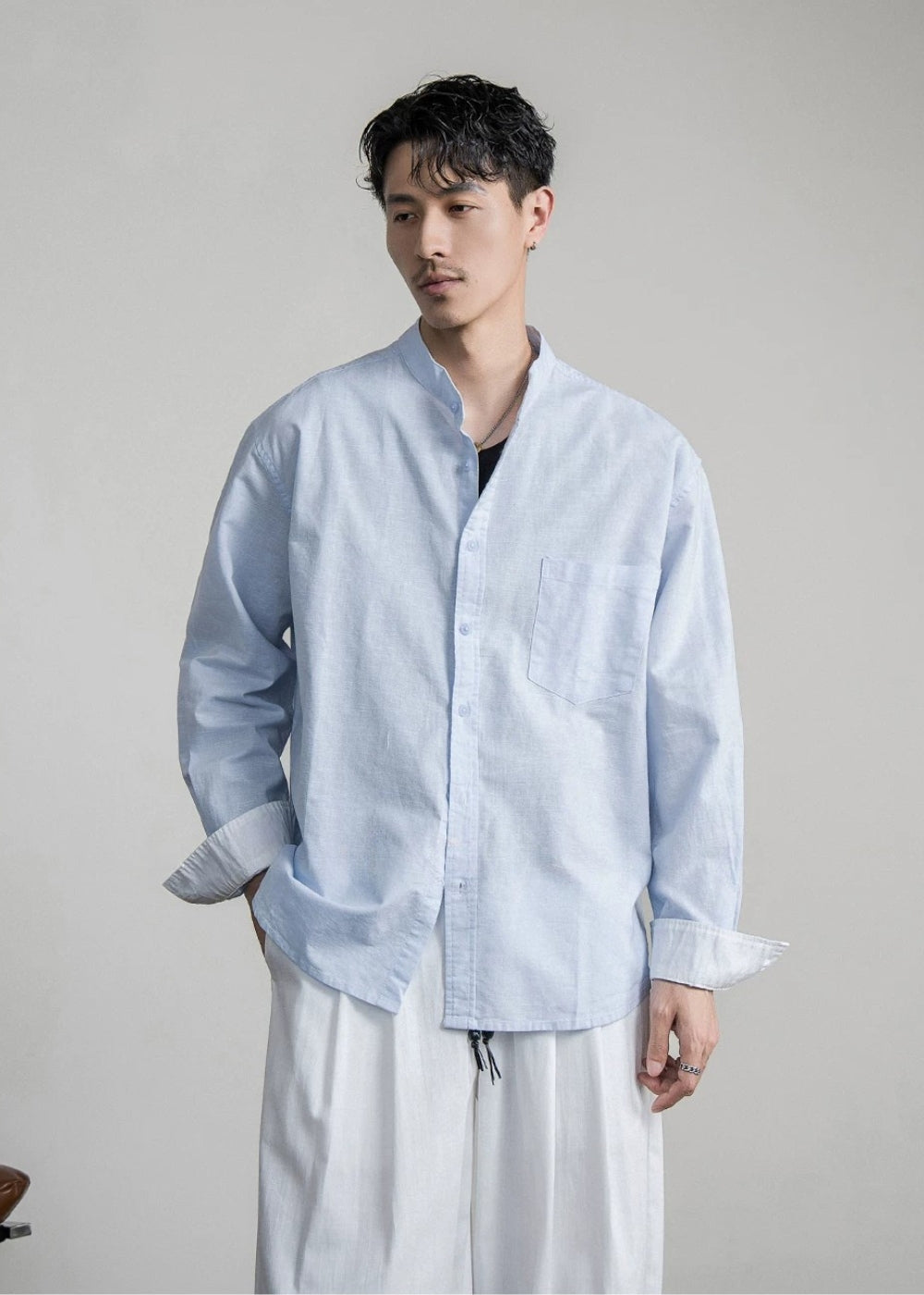 Cotton Linen Band Collar Shirt  #FS094
